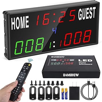 Samshow 2025 LED Electronic Scoreboard Digital Score Keeper with Remote, Basketball Scoreboard with Shot Clock & Timer & 12/24h Real Time for Football/Corn Hole/ping Pong/Table Tennis