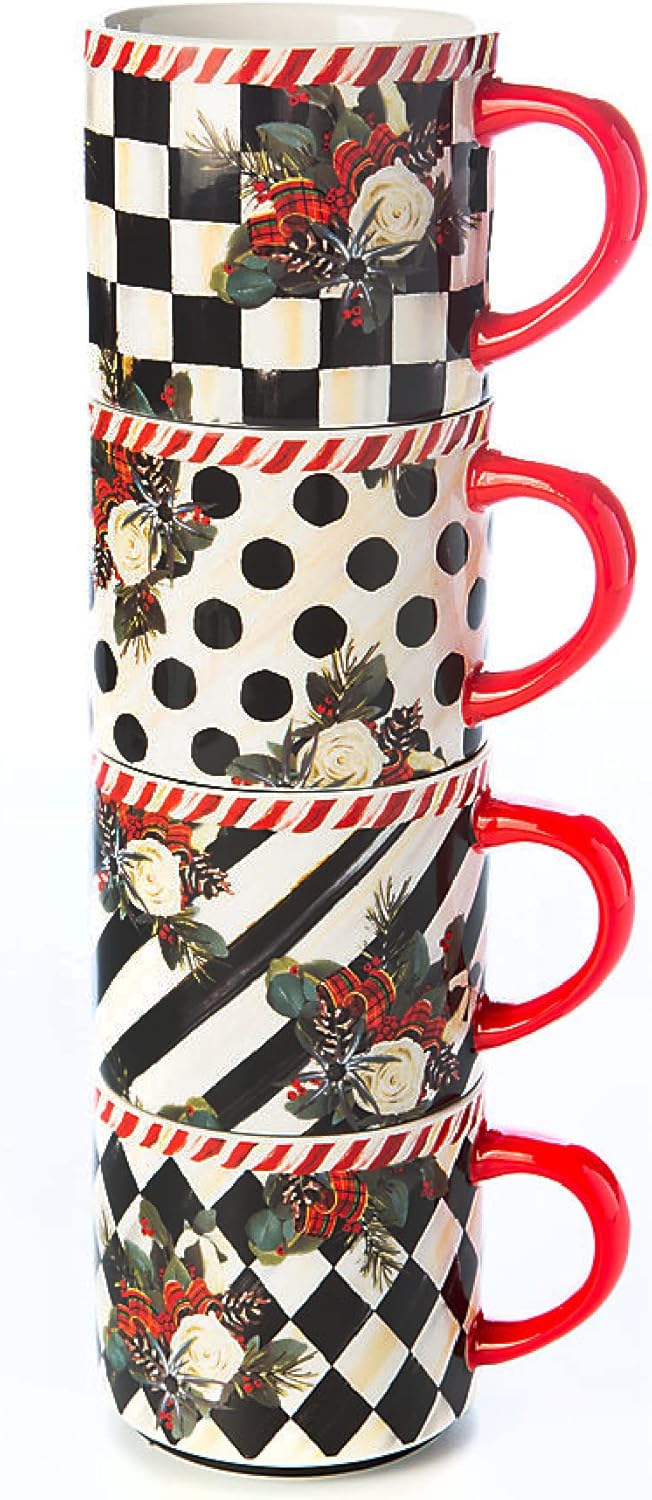 MacKenzie-Childs Scottish Boum Stack Mugs, Cute Ceram Cups, conjunt de 4