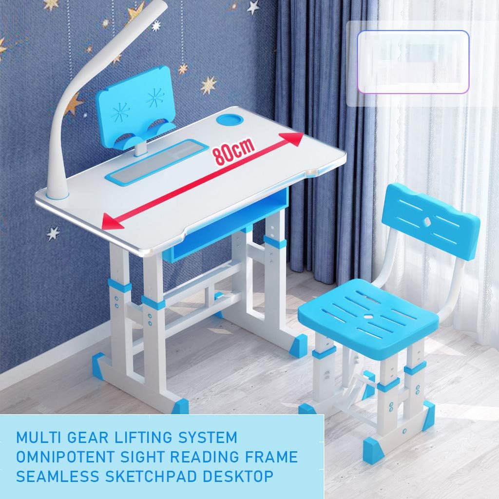 Gleamfut Kids Desk and Chair Set Adjustable Combined Study Table and Chair Set Student Writing Desk with Drawer/Lamp (Blue-c)