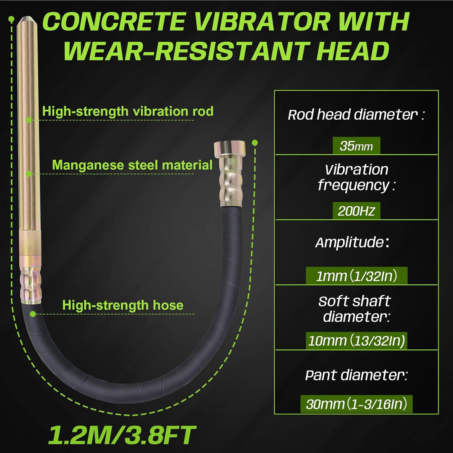 850W Cordless Electric Concrete Vibrator Compatible with Makita 18V Battery, 3.8Ft Concrete Vibrating Tool with 35mm Diameter Shaft Rod, 6000RPM Concrete Tools for Remove Air Bubble and Mix Concrete