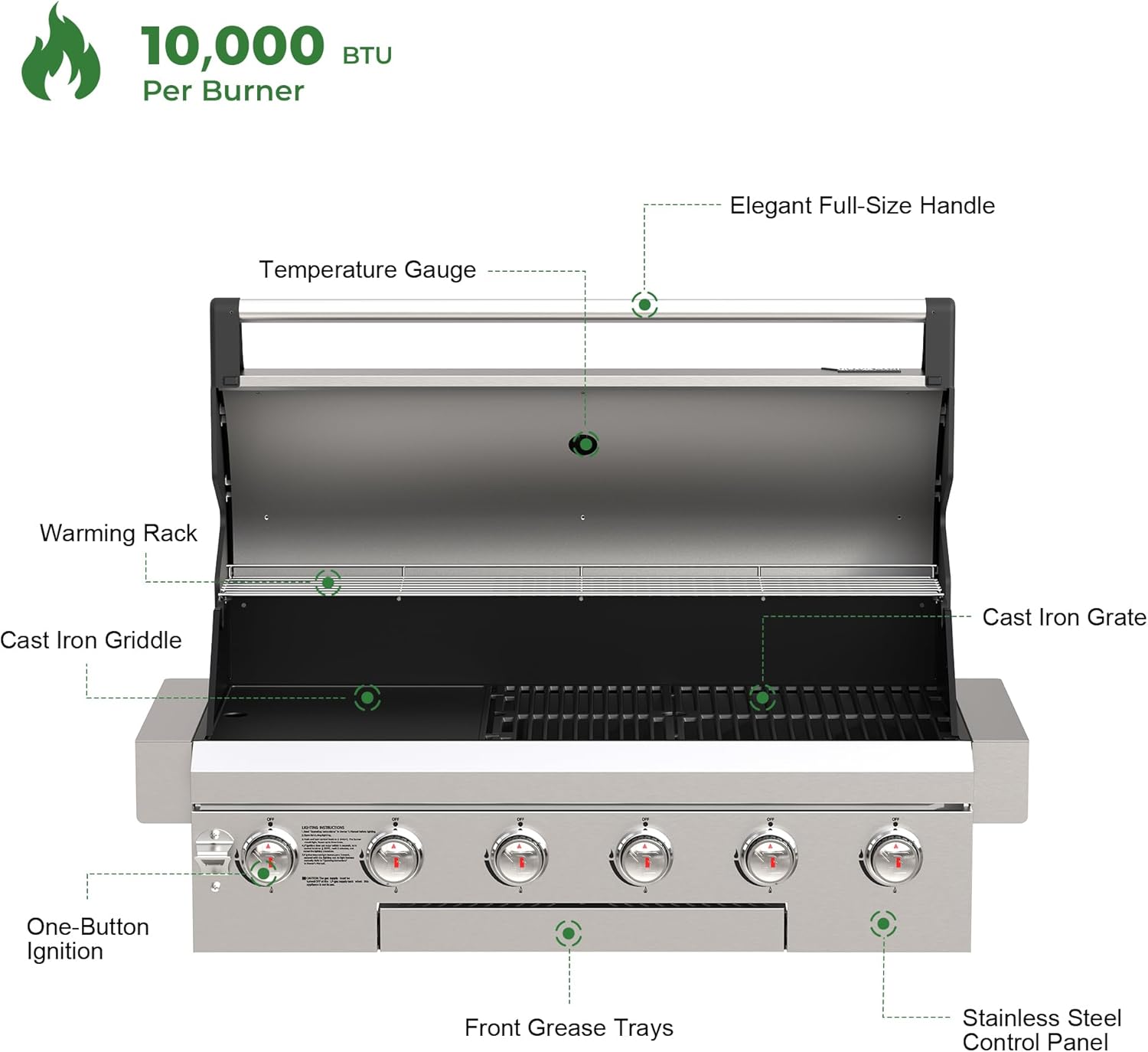Brand-Man Propane Gas Grill, 40-Inch 6-Burner Built-In Head BBQ Island Outdoor Kitchen, Natural Gas Convertible, Heavy Duty 304 Stainless Steel, 60,000BTUs