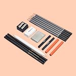 Amazon Basics Sketching and Drawing Art Pencil Kit, Artist Supplies with Pencils, Erasers, Sharpener, Charcoal, Black, White, 17 Piece Set