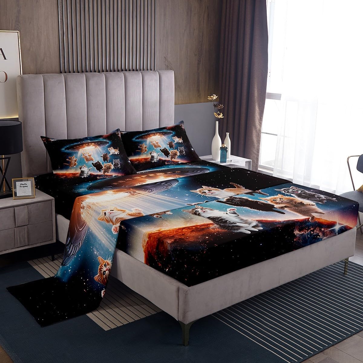 Feelyou Cat Bed Sheets Outer Space Cute Cats Sheet Set Galaxy Nebula Pet Cats Decorative Animal Bed Set Gorgeous Lovely Animals Sheets Bedroom Collection 4Pcs Full Size…