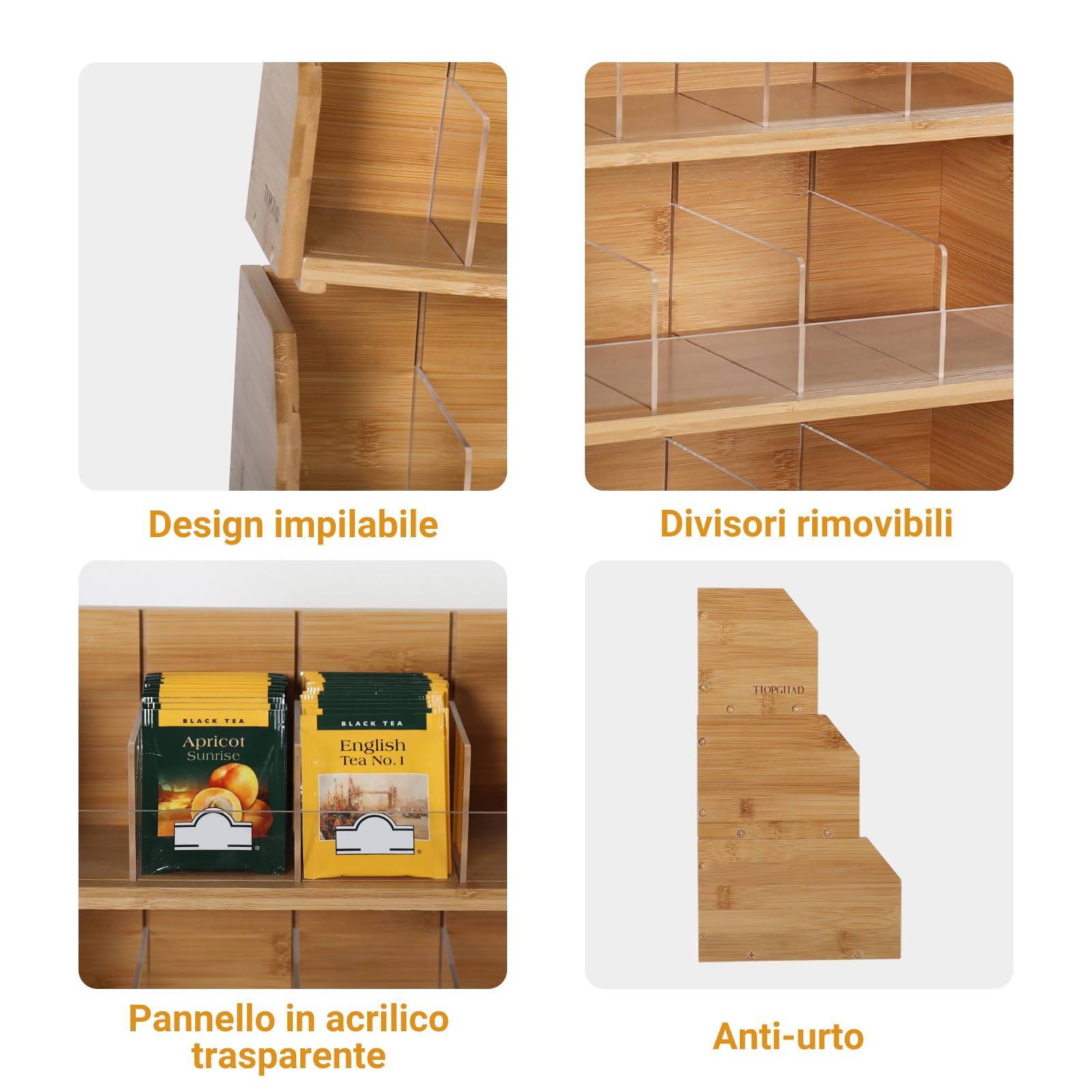 TIOPGHAD Organizer per bustine di tè in bambù impilabile a 3 strati, per bustine di tè, contenitori in legno, supporto per bustine, armadietti, piani di lavoro e ufficio (design brevettato)