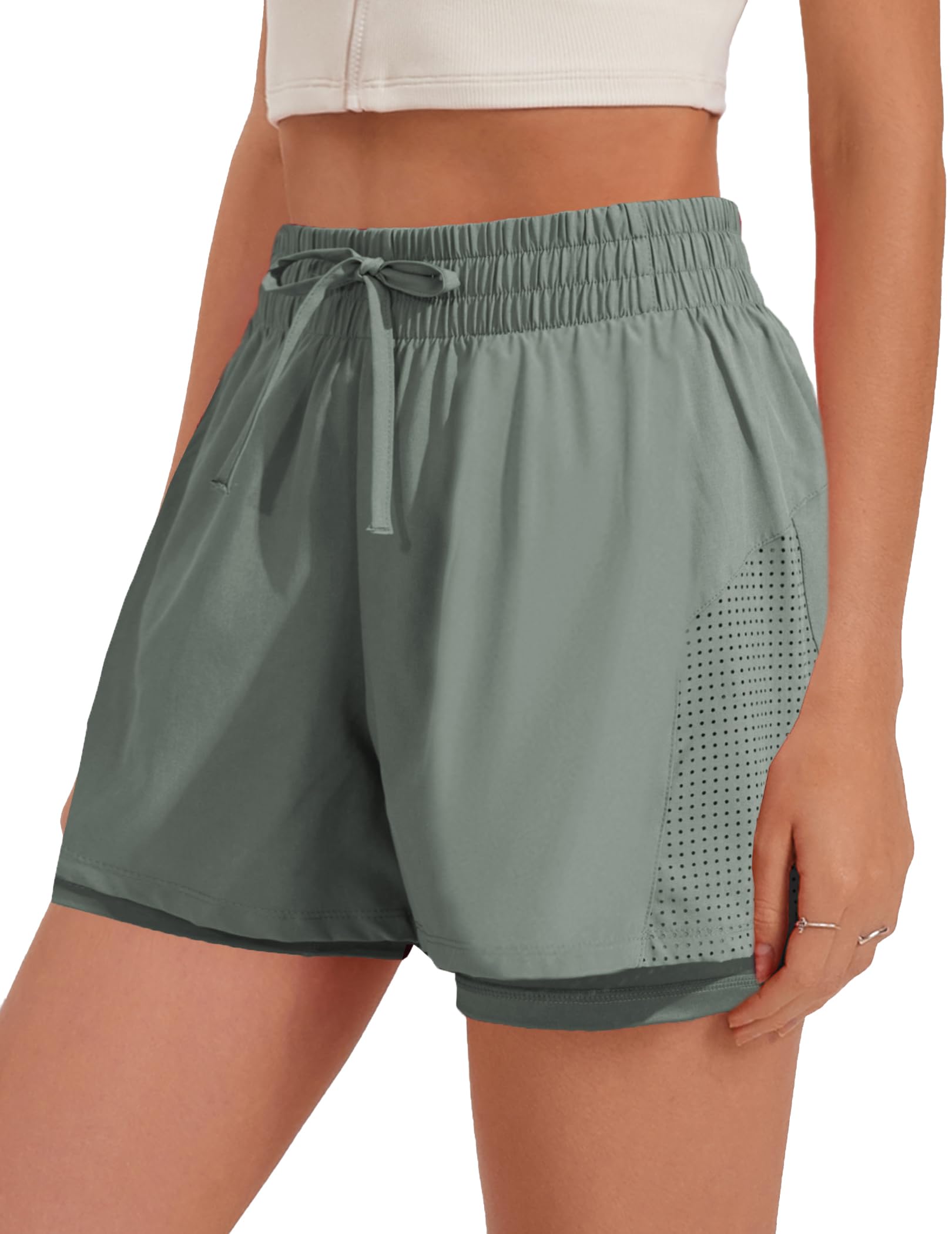 PINSPARK Athletic Shorts for Women 2 in 1 Workout Shorts High Waisted Running Shorts Gym Quick Dry Shorts with Pockets