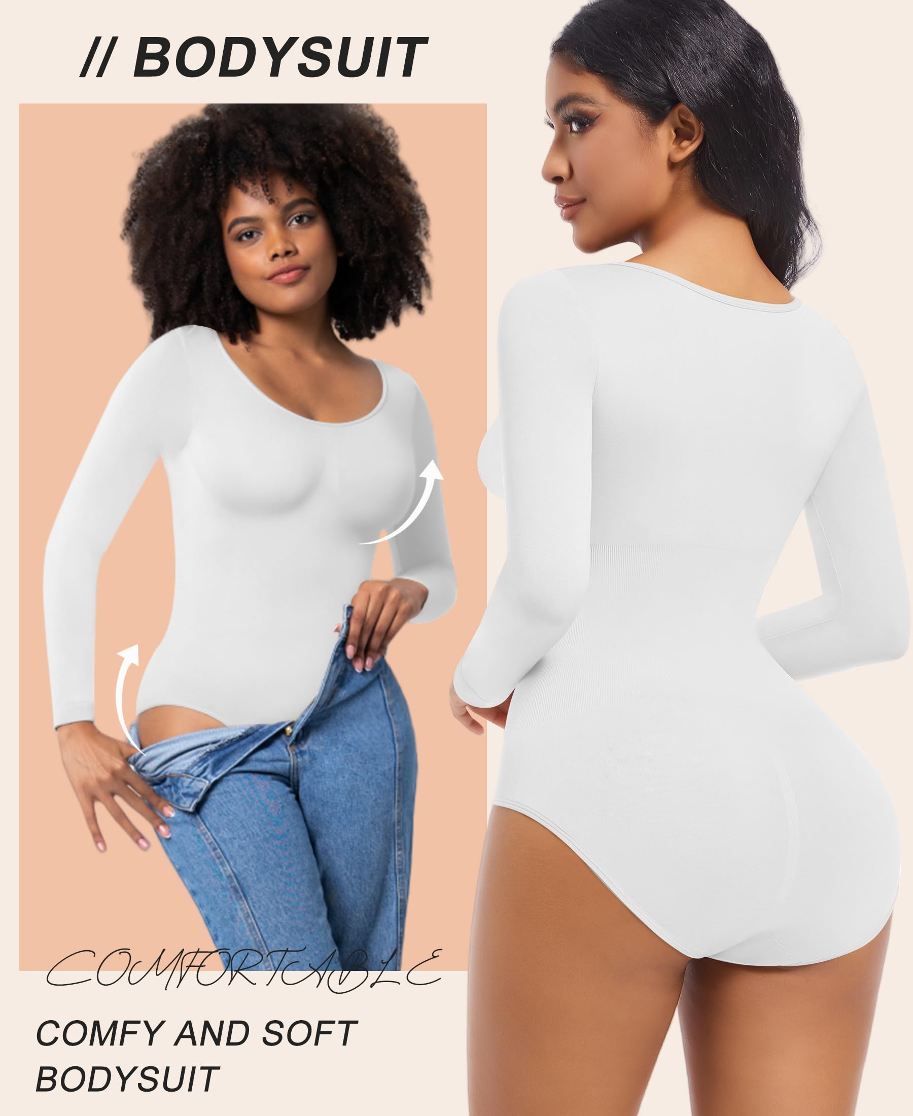 ONEW Damen Body Bauchweg Shapewear Bodysuit U-Ausschnitt Langarmbody Rundhals Unterhemd Butt Lifting Miederbody Body Shaper