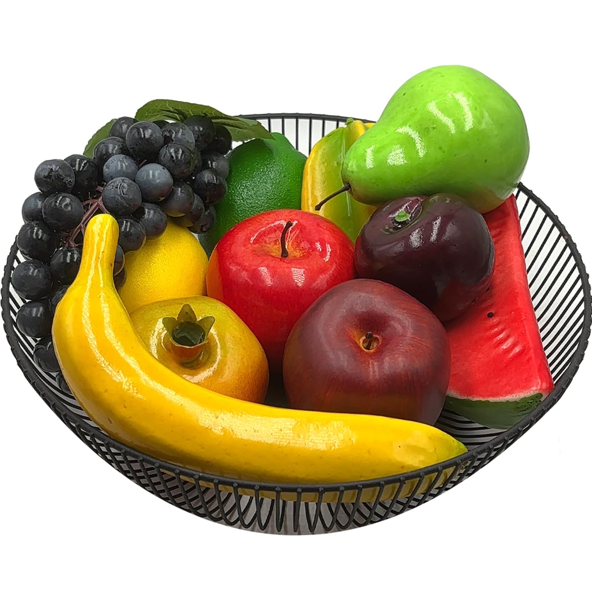 Wavefind 17PCS Fake Fruits Artificial Apples Snake Fruit Peaches Bananas Pears Lemons Grapes Pomegranates Mangoes Yangtao Plum Kiwifruit Strawberries Watermelon Slices Faux Home Party Decoration