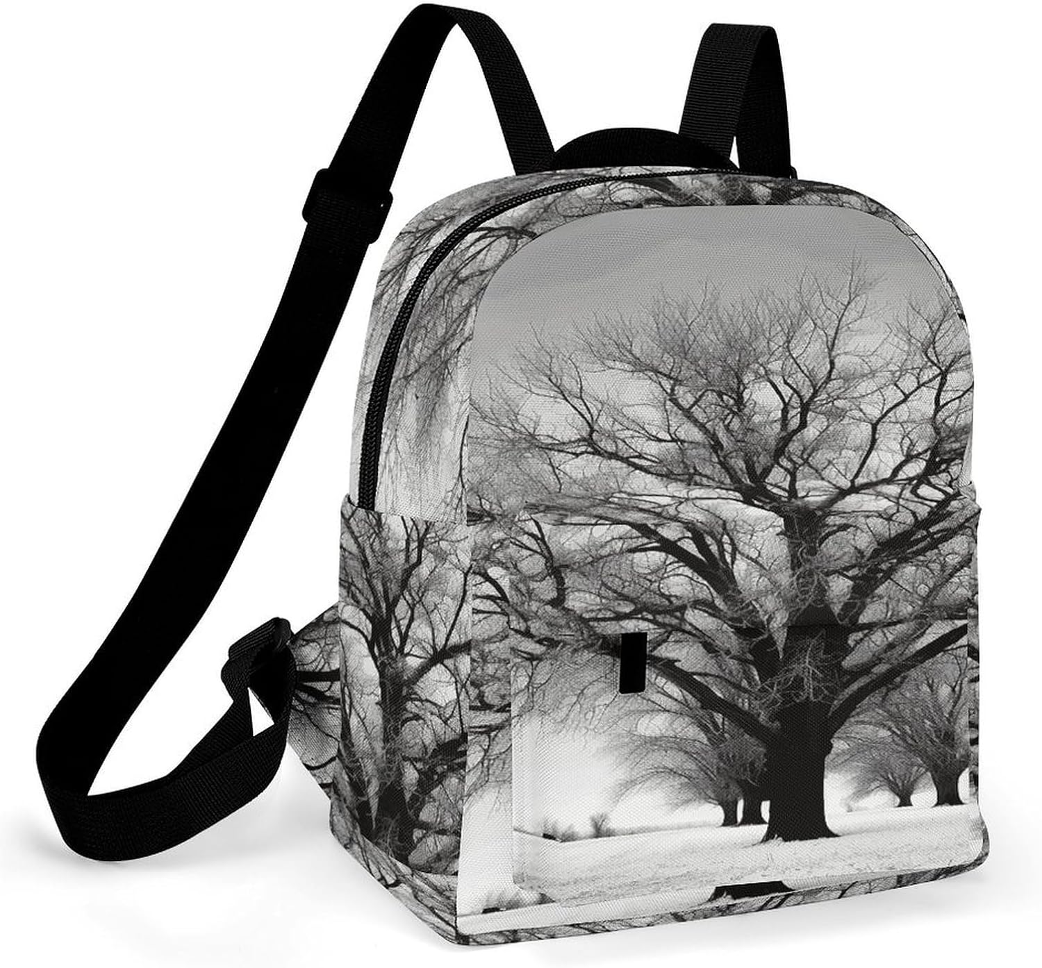 Black And White Tree Mini Backpack Purse for Women | Waterproof durable oxford cloth casual daypack, lightweight small rucksack for work travel outdoor camping daily use & gift