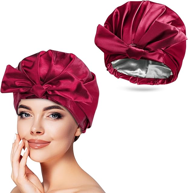 Arqumi Shower Cap, Reusable Bath Cap for Women Men, Waterproof Double-Layer Shower Cap with Ribbon Bow Large Elastic Hair Bath Cap Hair Bonnet for Long Thick Hair Wine Red