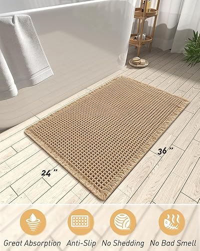 Miniatura 2 de AMOAMI - Tapete para piso de baño tejido de punto gofre mejorado, con borlas, ultrasuave, superabsorbente, con base antideslizante, lavable a