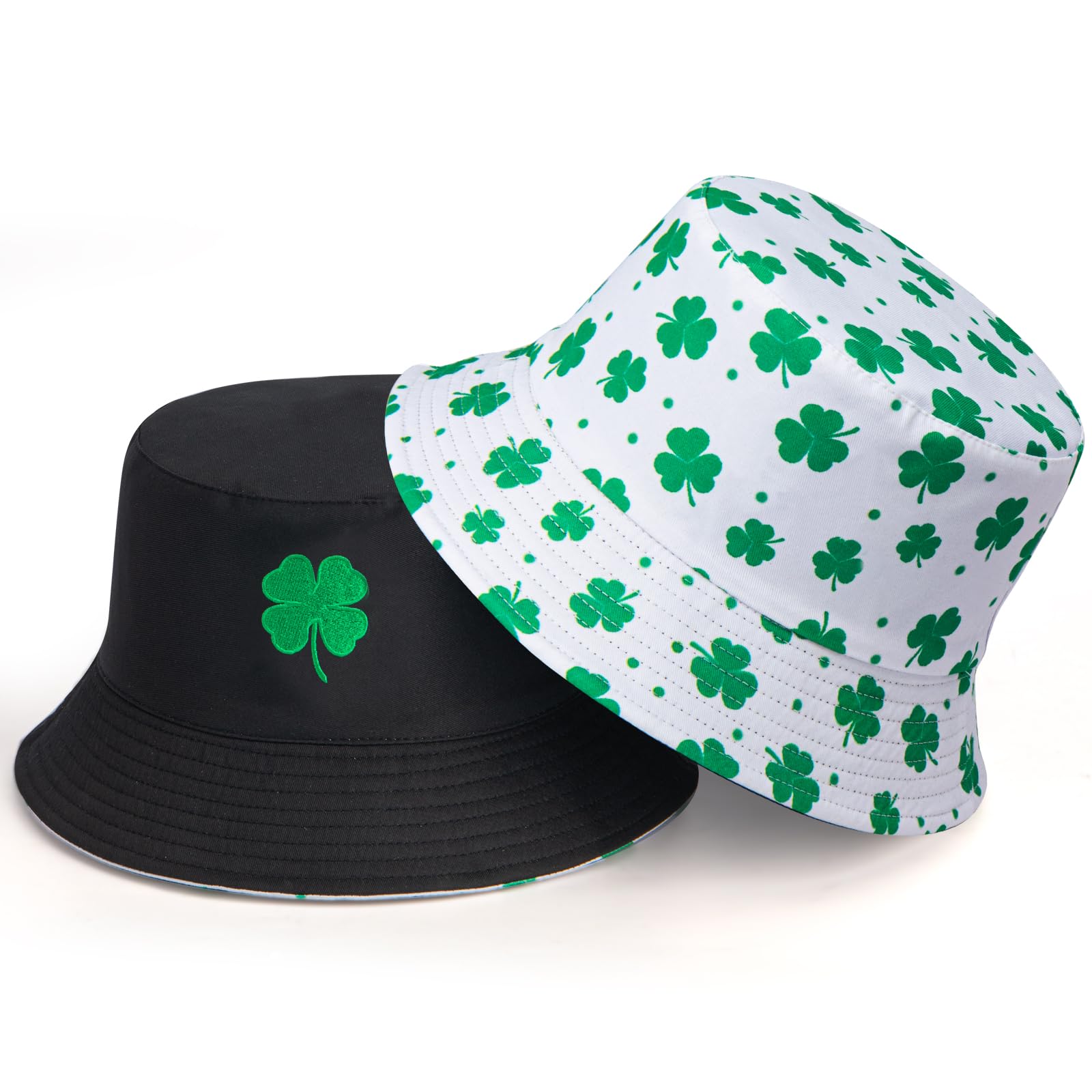 St Patricks Day Bucket Hat Embroidery Lucky Charm Clover Fisherman Hat Double-Side Outdoor Reversible Cap for Men Women Adults