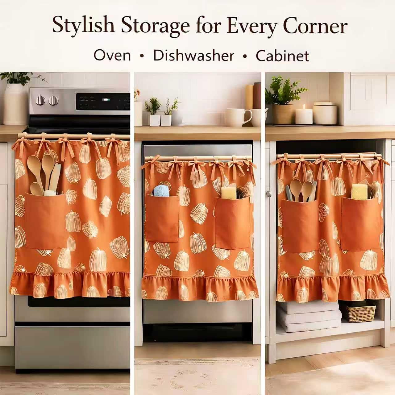 Pumpkin Orange Oven Skirt Curtain,Cotton Blend Stove Cover with Pockets