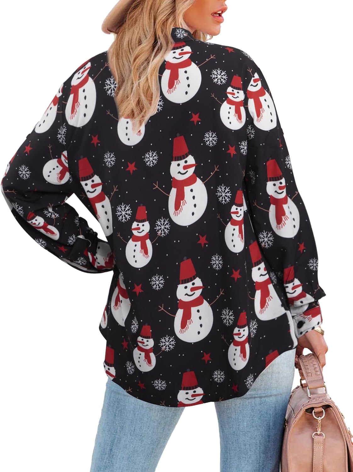 Christmas Shirts Women Funny Snowman Graphic Long Sleeve T-Shirts Cute Santa Printed V-Neck Button Up Tees Tops - Image 3