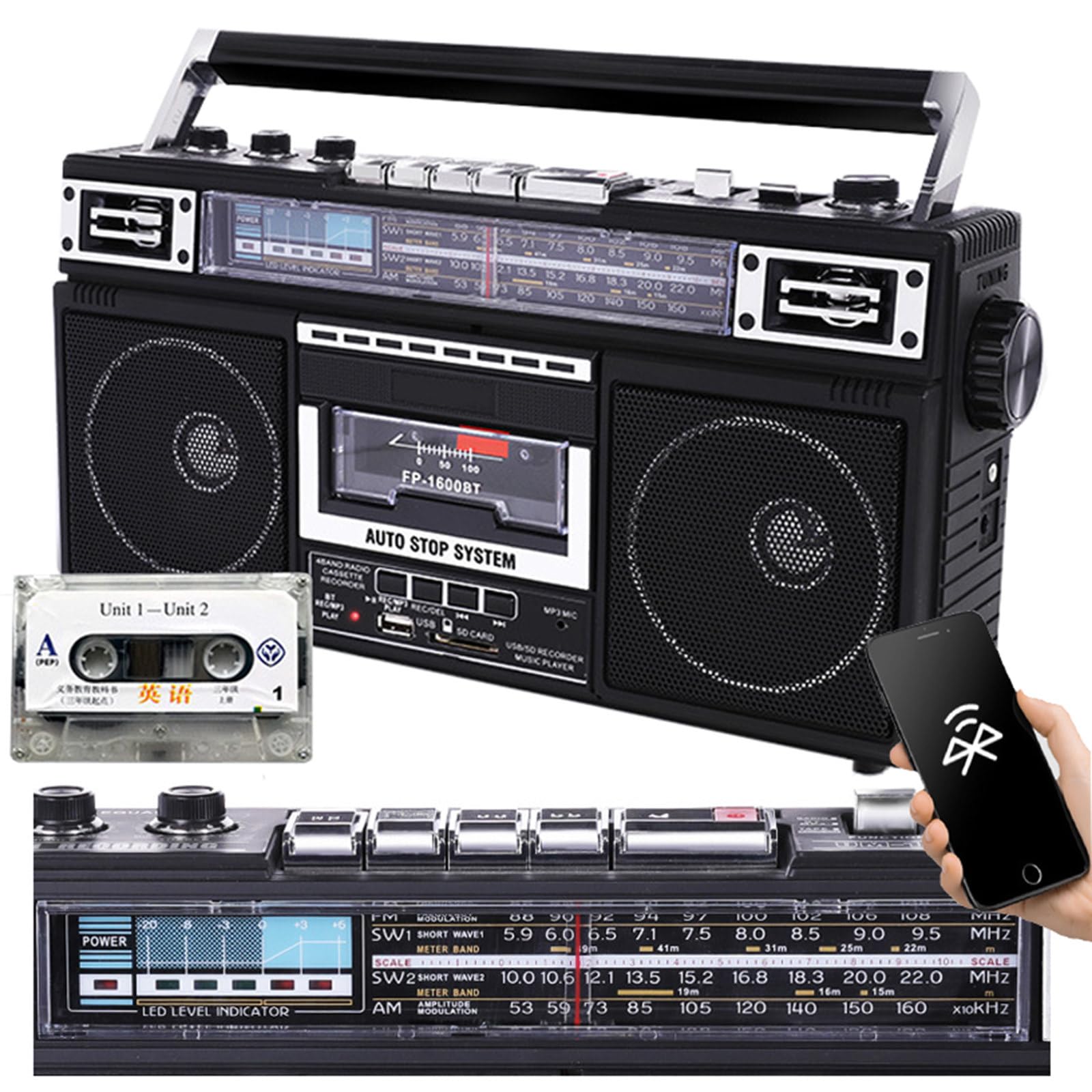 Retro 80s Style Bluetooth Cassette Player, przenośny radioodtwarzacz kasetowy i odtwarzacz z AM/FM/SW1-2, obsługuje karty TF/odtwarzanie USB i Bluetooth, nagrywanie/transkrypcja