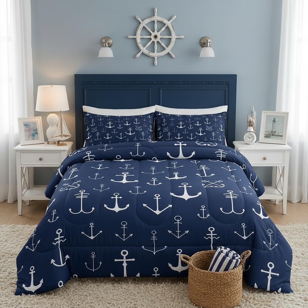 Homewish Anchor Full Size Comforter Set Navy and White Bedding Set for Kids Adults Teens Nautical Theme Comforter Luxury Anchor Printed Quilt Set Room Decor 3Pcs