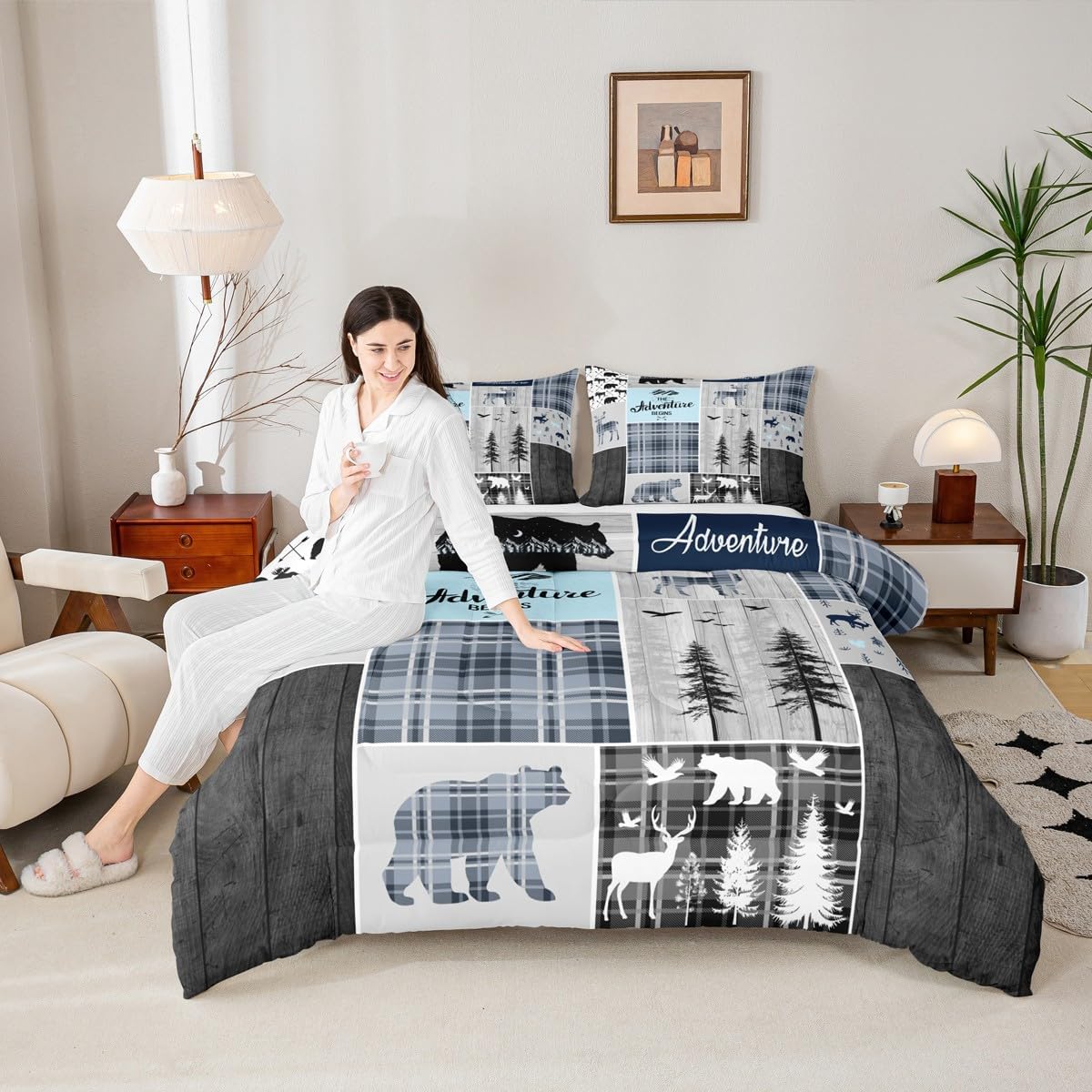 Camping Bedding Set For Kids, Deer Bear Comforter Set Queen Size Rustic Buffalo Plaid Patchwork Duvet Insert For Teens Adult Bedroom, Lodge Woodland Wildlife Quilted Duvet Cabin Decor, Grey Blue