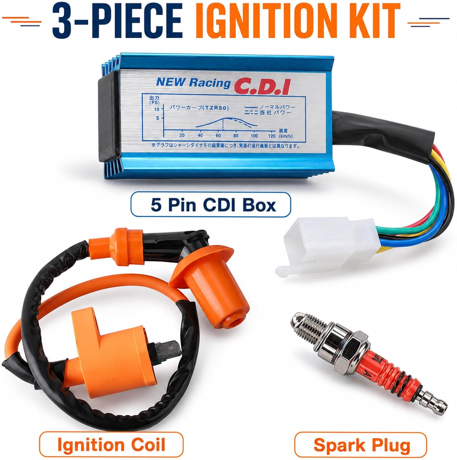 Racing Ignition Coil 5 Pins AC CDI Box for GY6 4-Stroke 50cc 70cc 90cc 110cc 125cc 150cc Scooter ATV Go Kart Moped Quad Pit Dirt Bike With 3 Electrode Spark Plug
