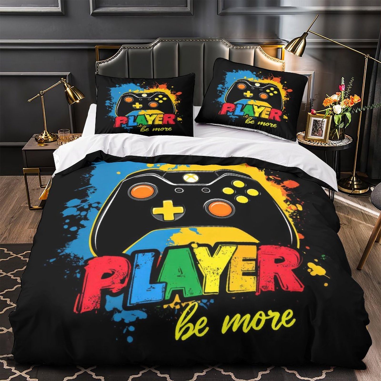 Housse de couette manette de jeu néon 200x200cm pour lit double geek