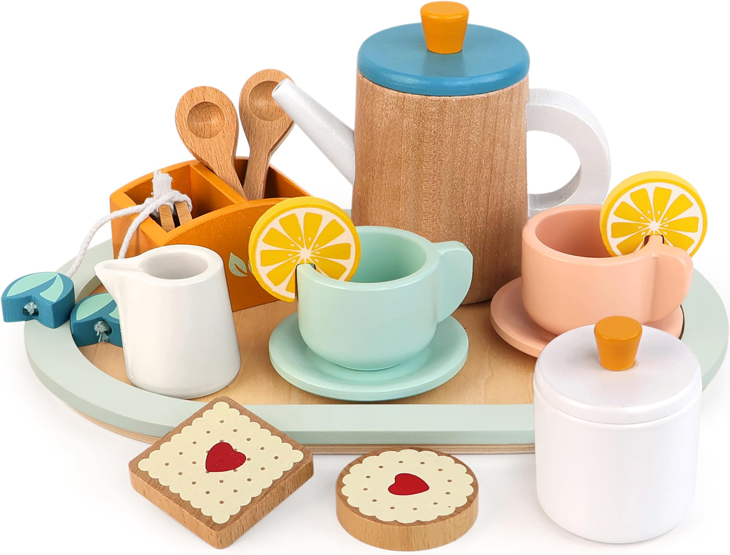 Wooden Tea Set for Little Girls, Wooden Toys Food Tea Praty Set | 19 Piece Natural Wood Play Kitchen Accessories, Pretend Play Montessori Toys for Boys Girls Age 3+