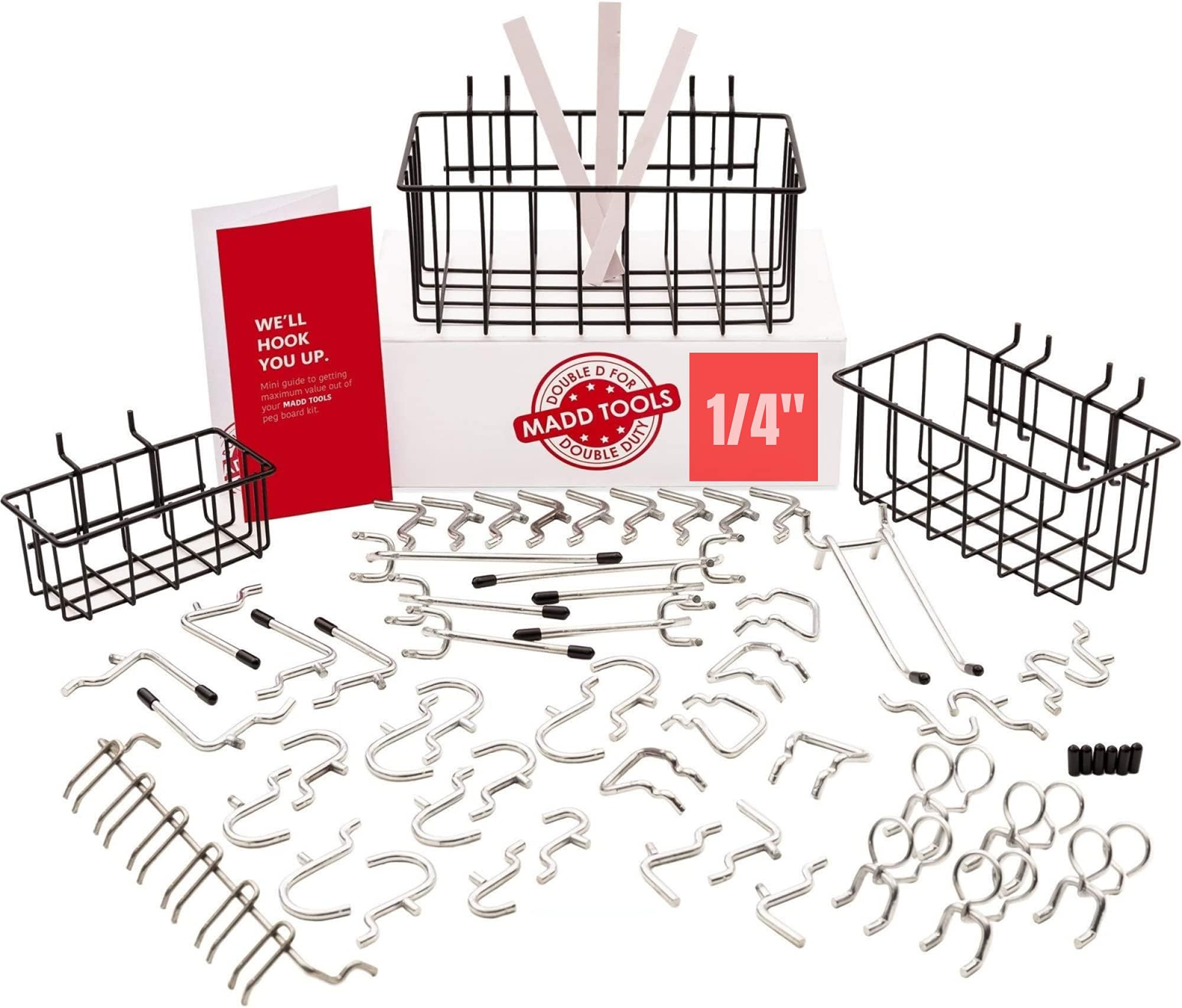 Extra Thick 60pcs Pegboard Accessories Organizer Kit | 1/4 Inch Peg Board Attachments | Peg Board Hook Set and Pegboard Basket Set for Tools - Heavy Duty - Does Not Fall Out Off The Board