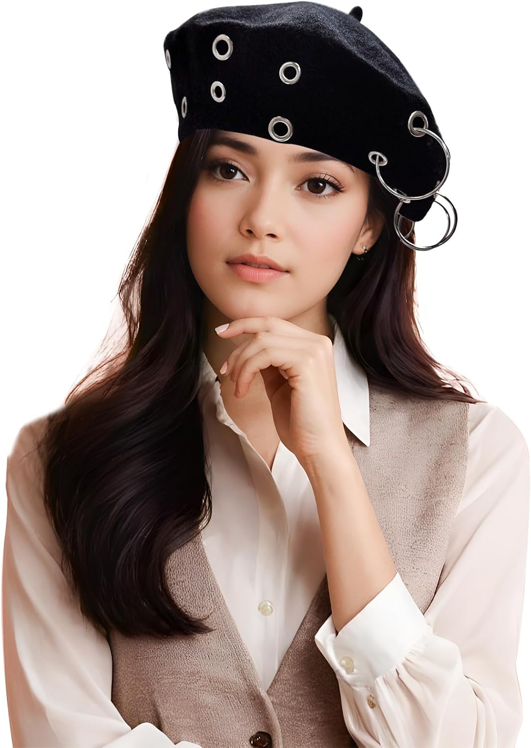 French Beret Hats Punk Iron Ring Beret for Women Fashionable Black