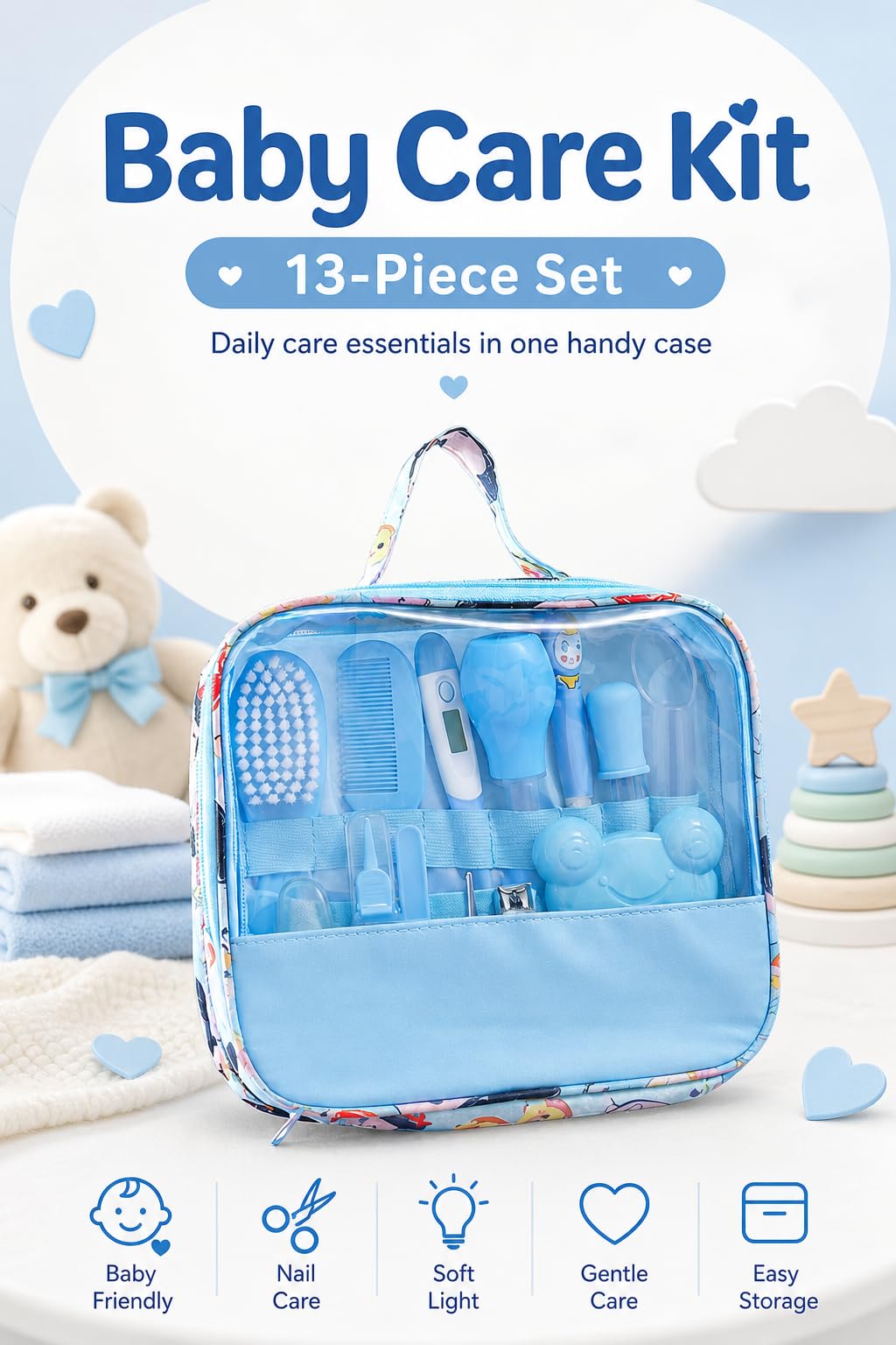 Trousse de Soin Bebe Naissance, Trousse De Toilette Bebe Naissance avec 13 Accessoires Essentiels, Brosse à Cheveux, Thermomètre Digital et de Bain, Coupe-Ongles, Lime, pour Nouveau-Né, Bleu