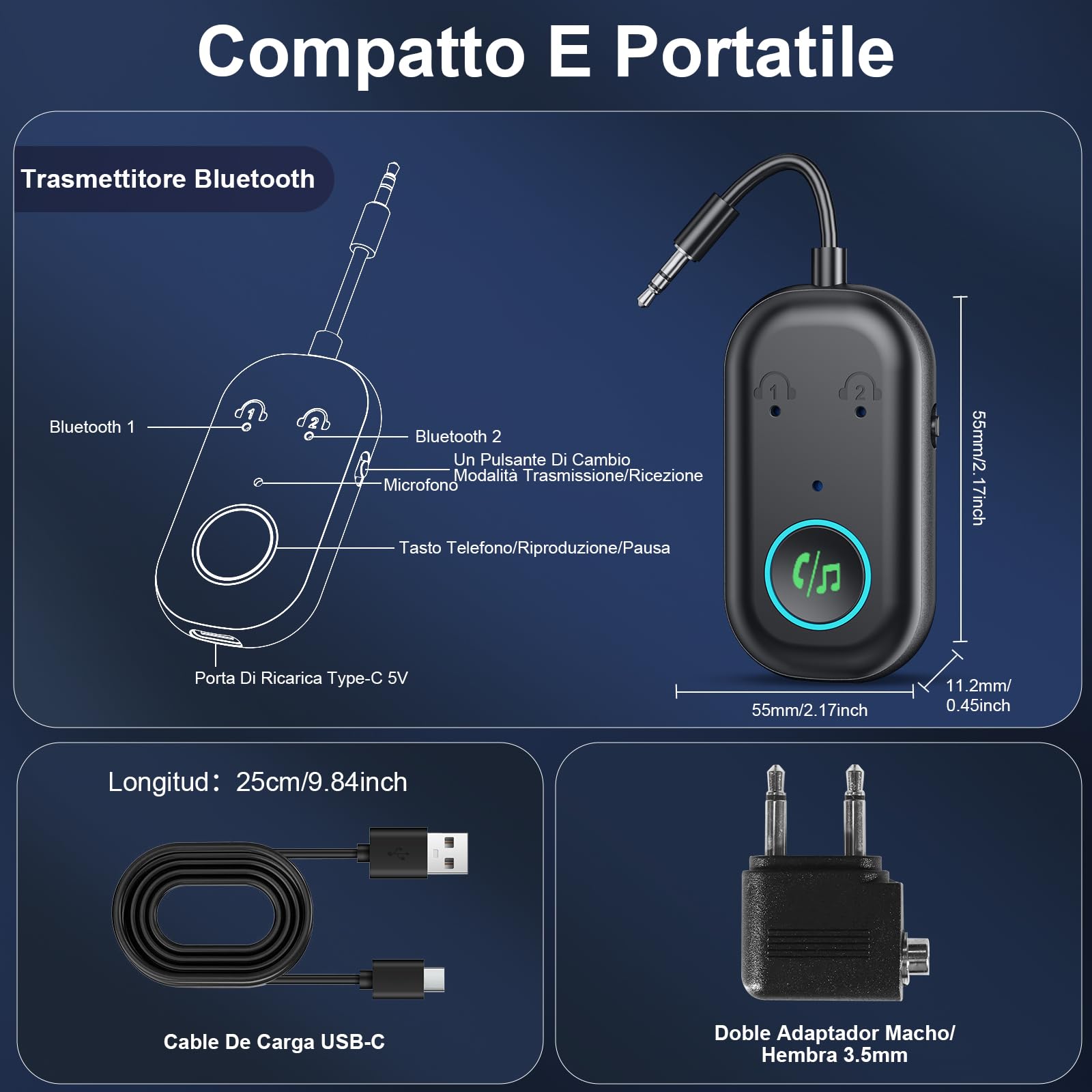Ricevitore trasmettitore Bluetooth 5.3, adattatore Bluetooth wireless per auto/aereo, microfono per chiamate, adattatore Bluetooth AUX wireless 2 in 1 per TV, aereo, cuffie, Airpods