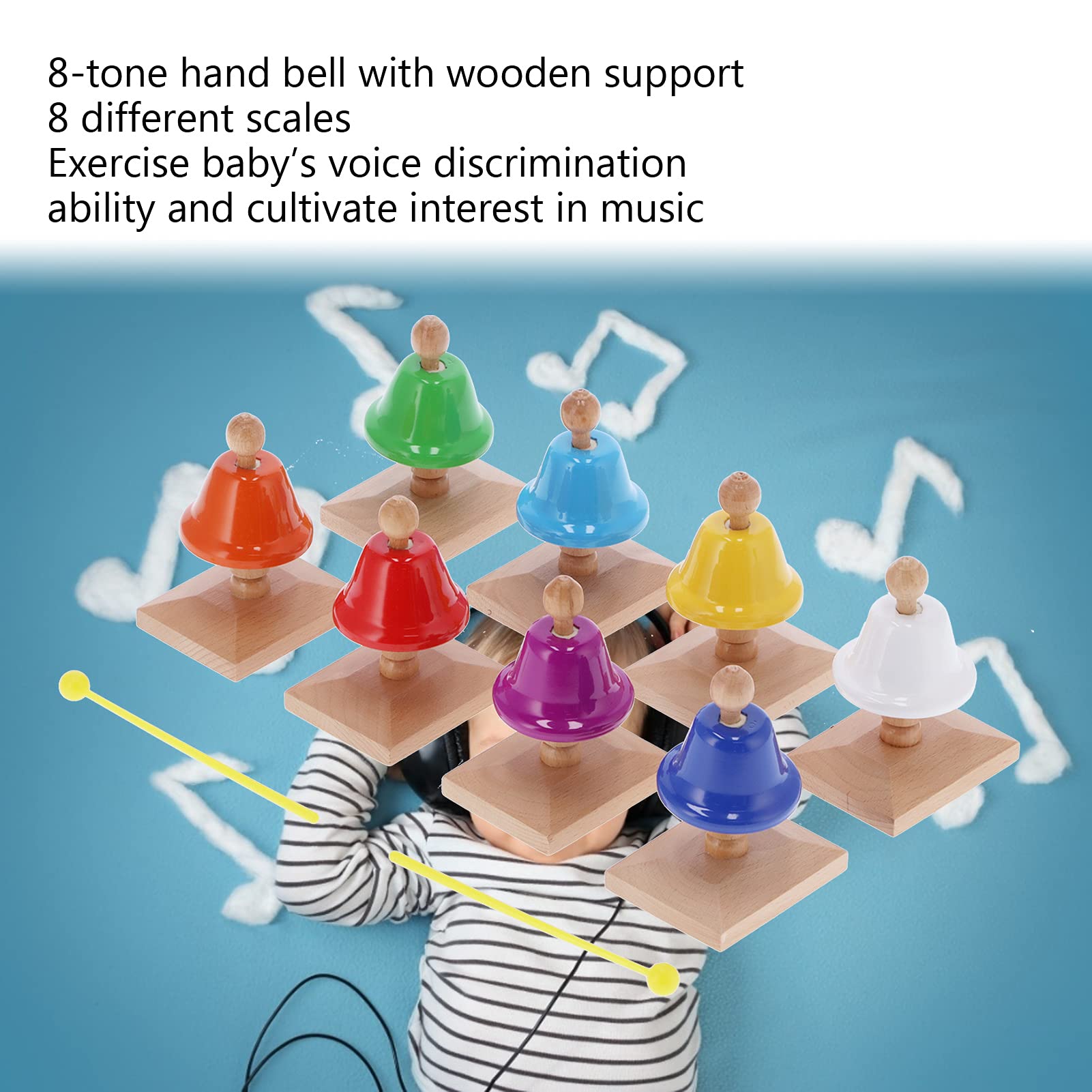 Juego de Campanas de Mano de 8 Notas, Juguete de Percusión Musical de Metal Colorido para Educación Musical de Niños, 8 Piezas con Soporte de Madera y Baquetas