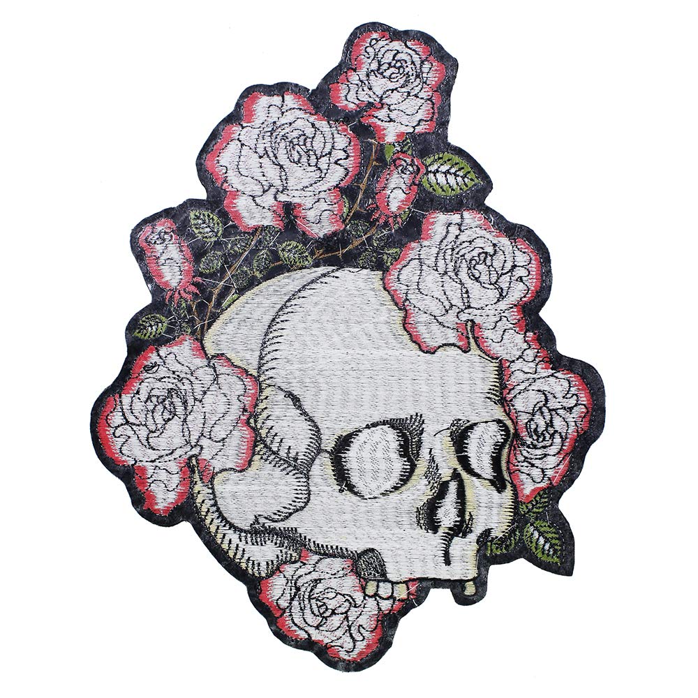 Toppa Ricamata Teschio E Rosa - Applicazione A Ferro O Cucitura - 5,8x8,8cm Per Jeans E Giubbotti