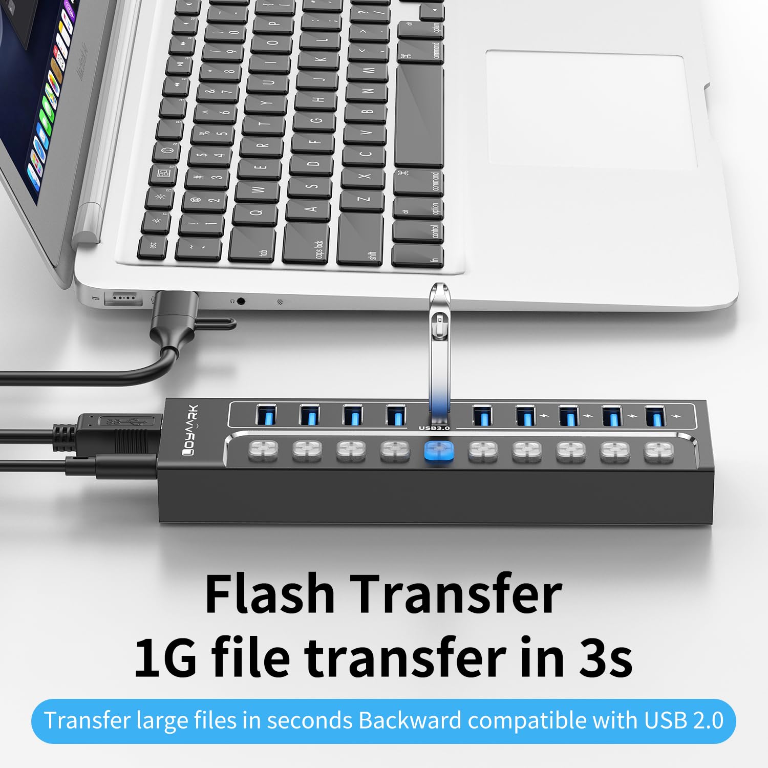 Hub USB 3.0, divisor de concentrador USB de 10 puertos con interruptores individuales y luces indicadoras, 10 puertos USB 3.0 de transferencia de datos, 4 de los cuales se pueden utilizar para carga