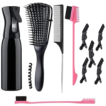 Michgar Detangling Brush Set for Curly Hair with Hair Spray Bottle, Hairbrush Set, Hair Scalp Massager Brush,9 Row Cushion Nylon Bristle Brush Double Sides Hair Edge Brush set for wet and dry hair