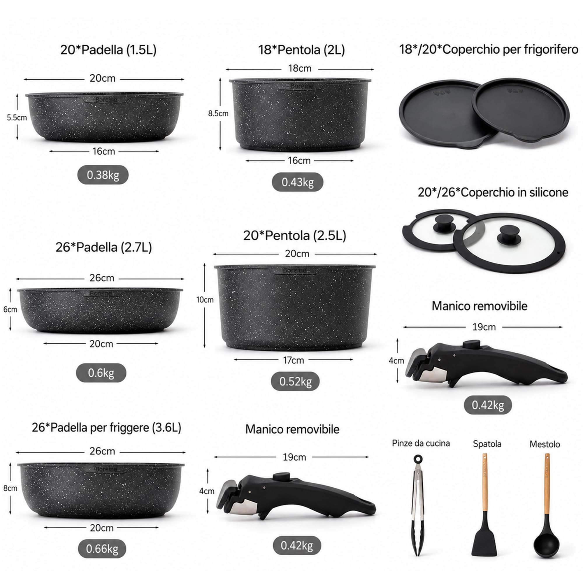 BOREINE Set di Pentole e Padelle 14 Pezzi, Batteria Pentole Antiaderente Senza PFOA e PTFE, Manico Removibile, Compatibile Induzione, Gas, Forno e Tutti i Piani Cottura, Nero