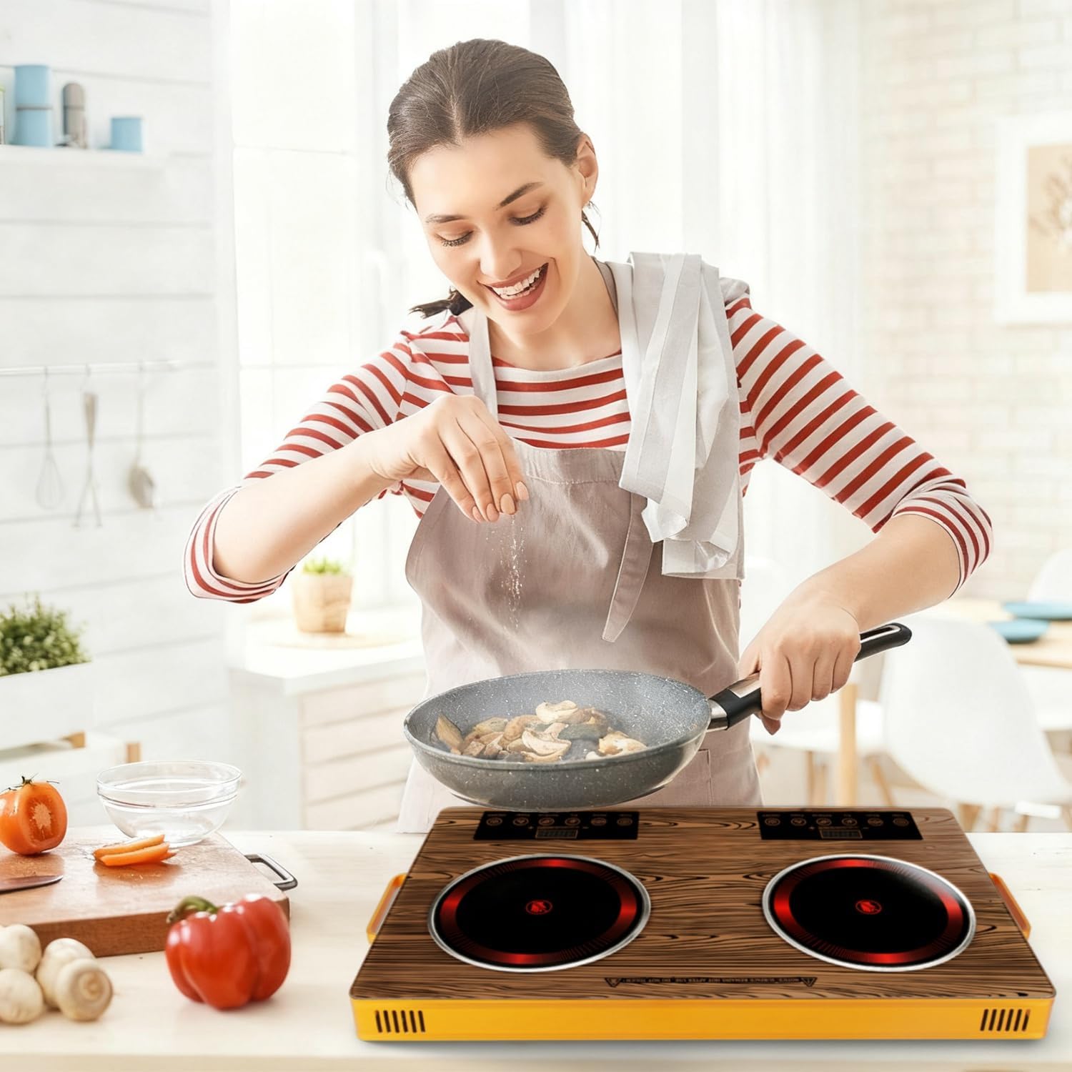 Double Burner Ceramic Cooktop - 7000W (2x 3500W) Electric Stove with 11 Power Levels, 0-4H Timer, Portable Handle & LED Display