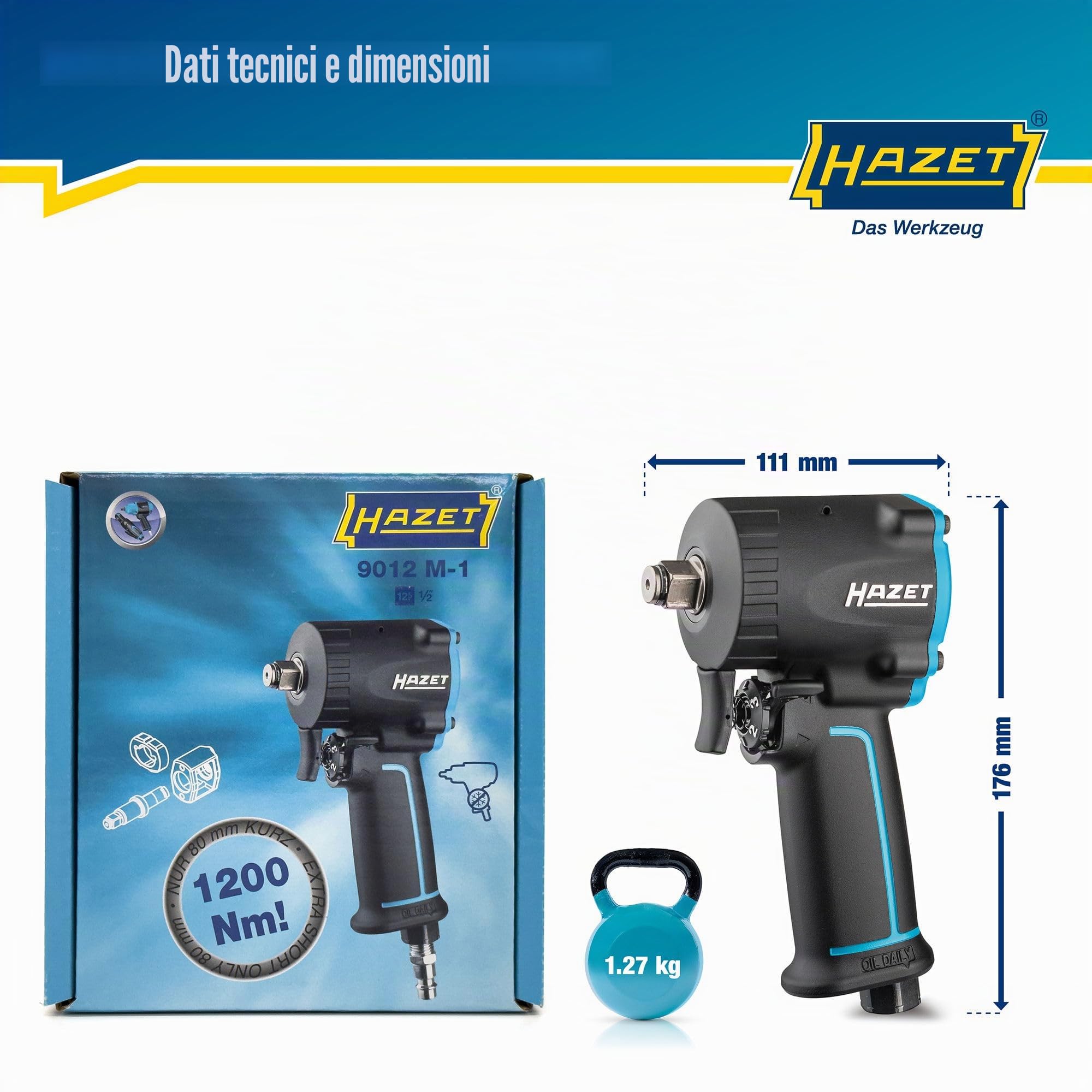 Avvitatore pneumatico HAZET 9012M-1, extra corto solo 80 mm, coppia di sgancio max. coppia di rilascio: 1200 Nm, quadro 12,5 mm (1/2 pollice), pressione di esercizio: 6,3 bar