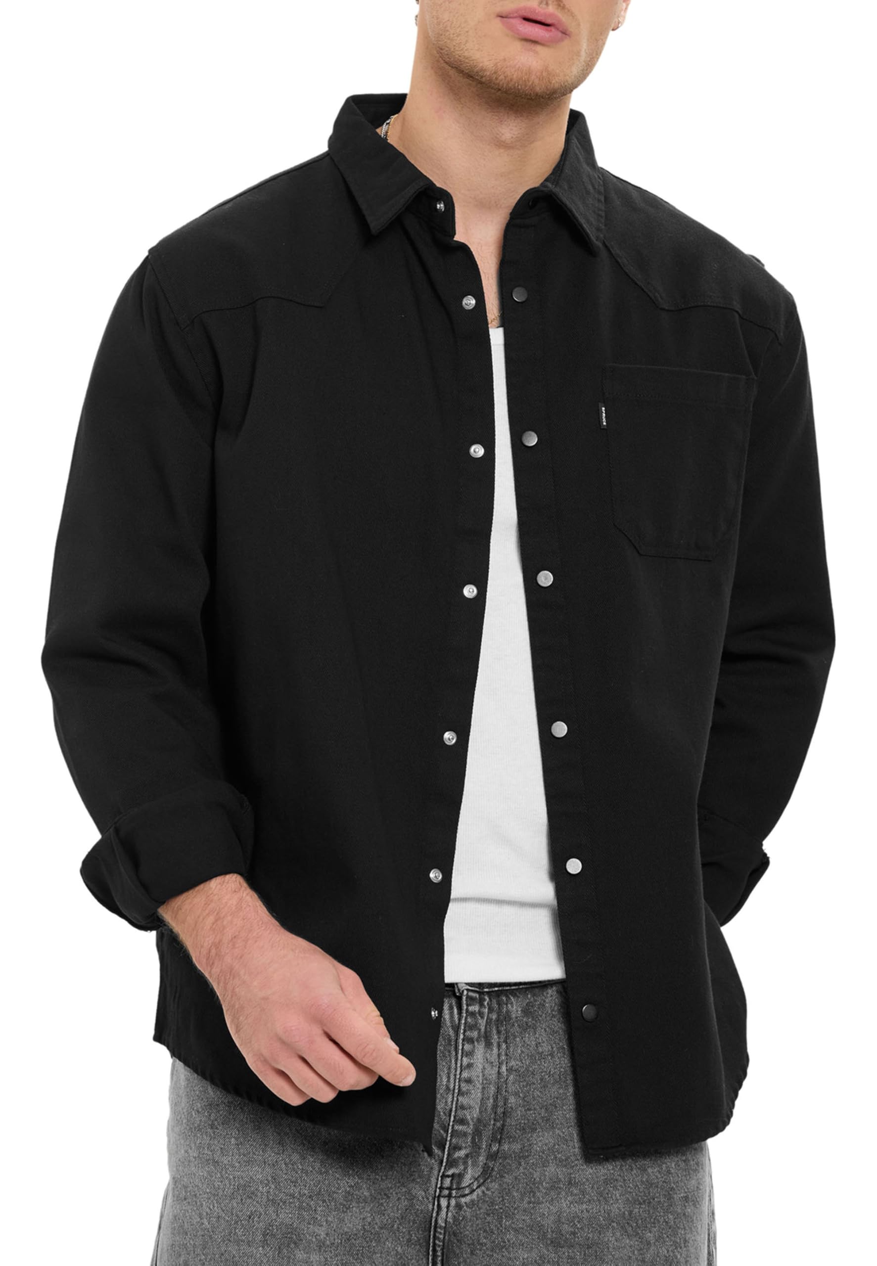by Spruce Overshirt Langarm Hemdjacke mit Druckknöpfen & Brusttasche Lässiges Shirt für Freizeit Übergang