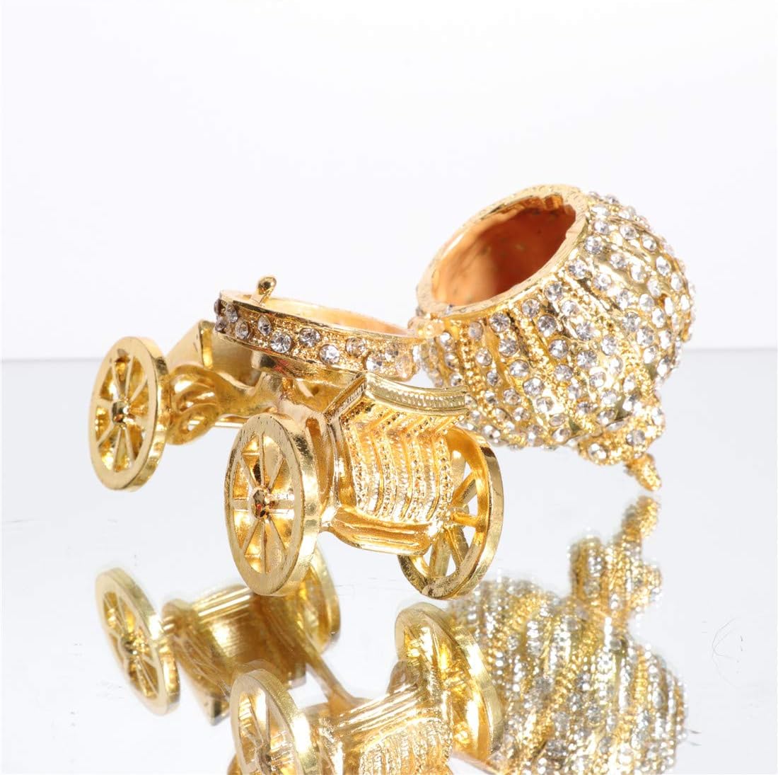 Waltz&F Golden Diamond Pumpkin Carriage Metal Ring Jewelry Holder Hinged Trinket Box Table Centerpiece Decor
