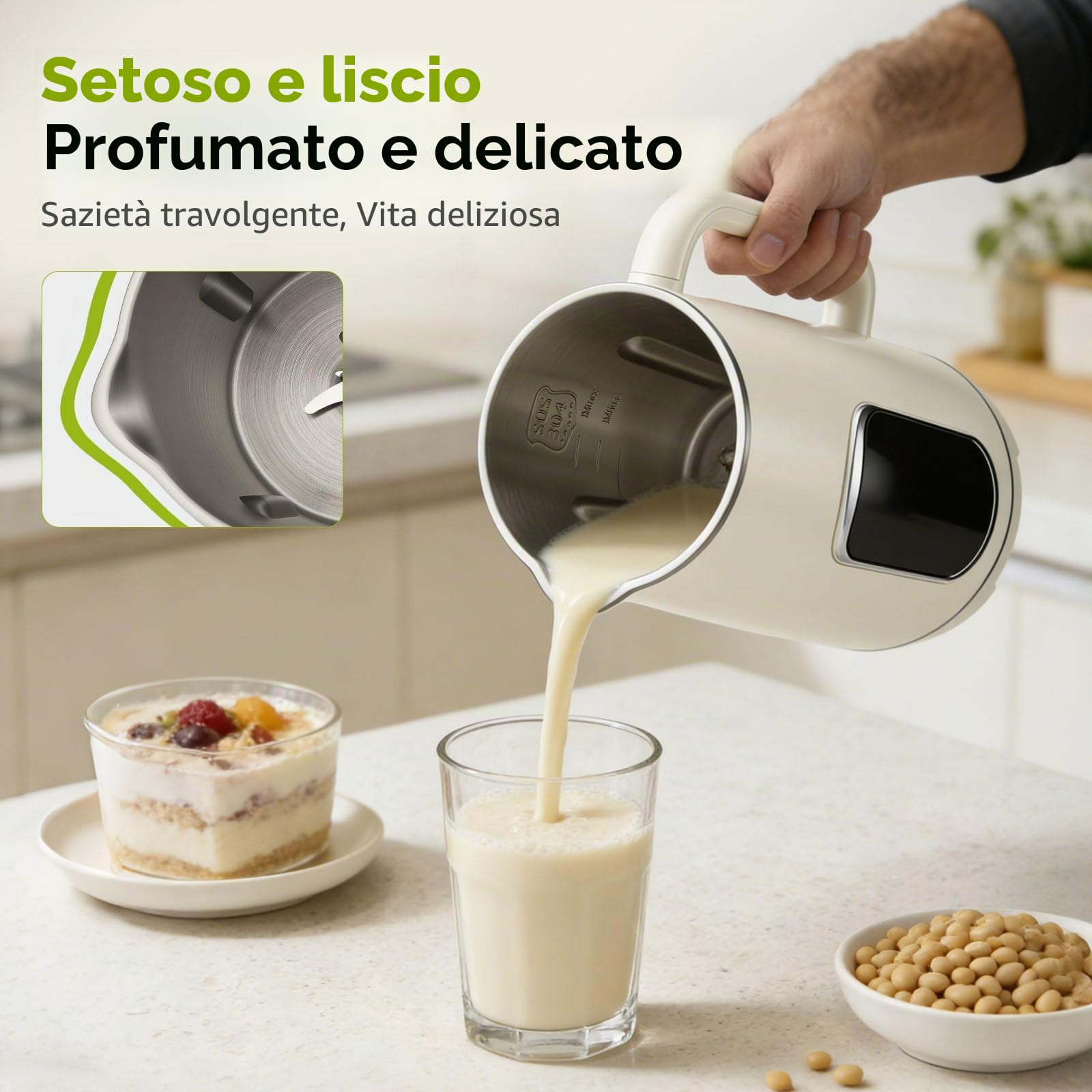 Macchina per Latte Vegetale, 1200 ml Macchina Latte Vegetale con Funzione Autopulente, LED Display, 8 Funzioni, 12 Lame, Macchina per Latte di Soia, Avena E Noci