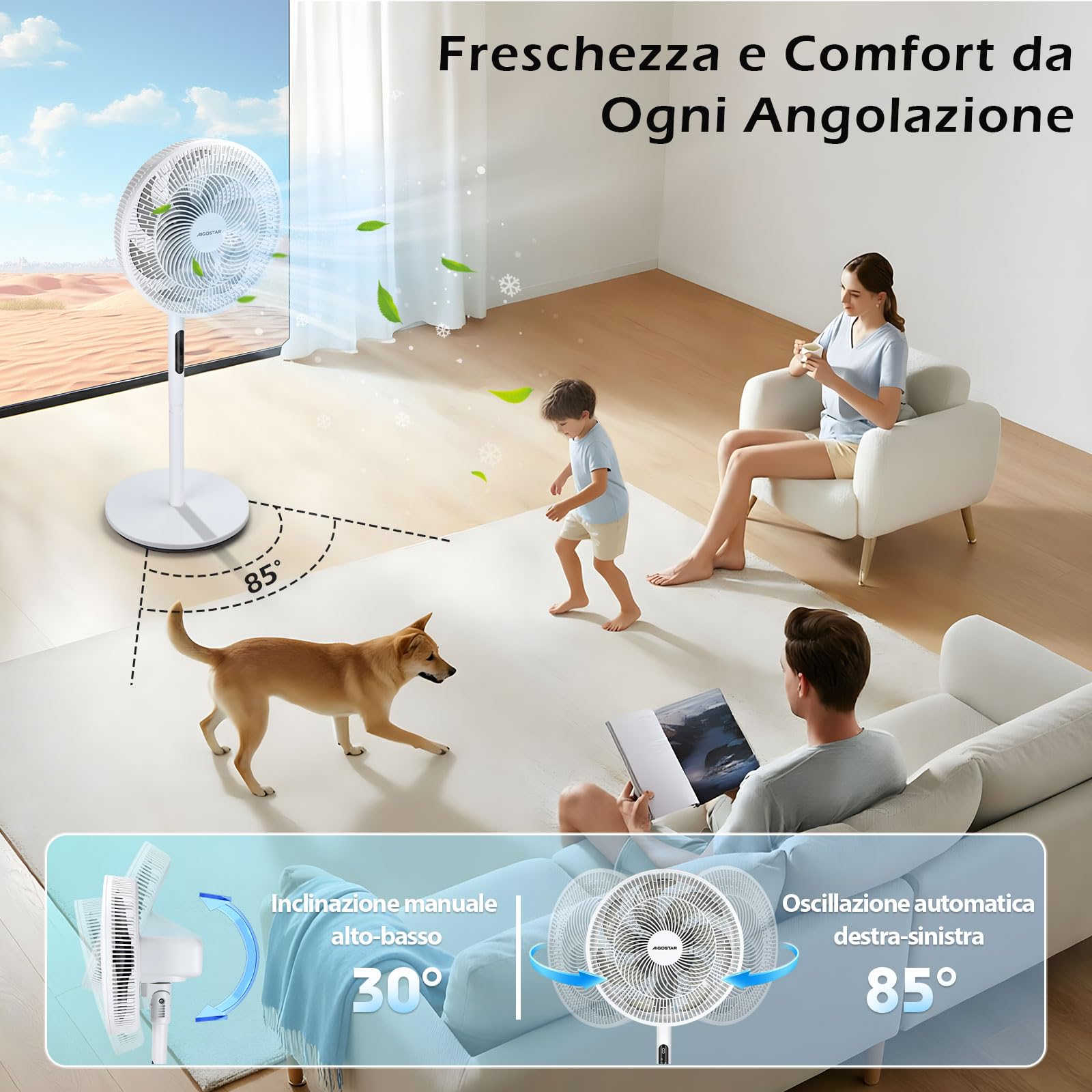Aigostar Ventilatore a Piantana Silenzioso con Motore DC, 30dB, 9 Velocità e 3 Altezze Regolabili, Telecomando, Timer 9H, 7 Pale Aerodinamiche, Ideale per Camera da Letto e Ufficio, 30W, Bianco