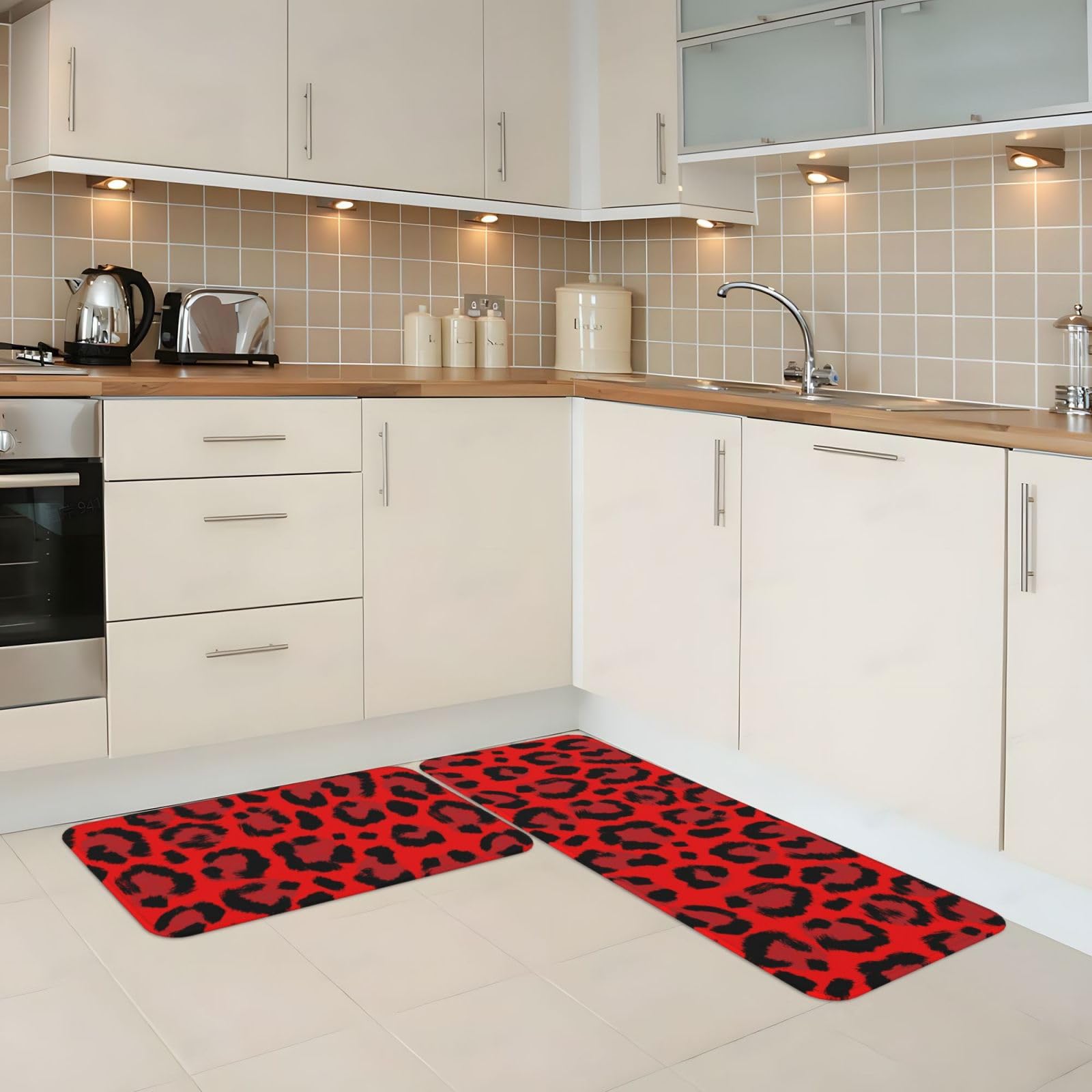 GVYGVY Antifatigue Kitchen Mats for Floor 2 Piece - Leopard red Print Kitchen Rugs Washable, Non Slip Runner Rug Standing Mat for Office/Bathroom/Laundry/Home Decor and Accessories