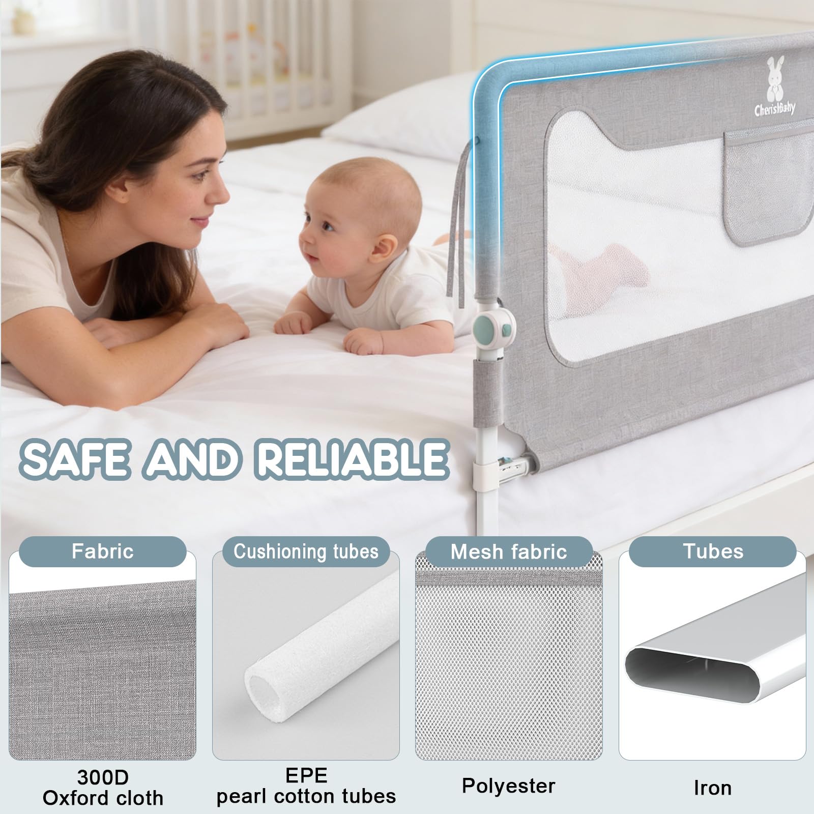 Verdego 2er-Set Rausfallschutz Bett 150 cm, Rausfallschutz Boxspringbett Klappbar, 300D Oxford Stoff, Bettschutzgitter Höhenverstellbar, Bettgitter Rausfallschutz Einfache Montage, Grau