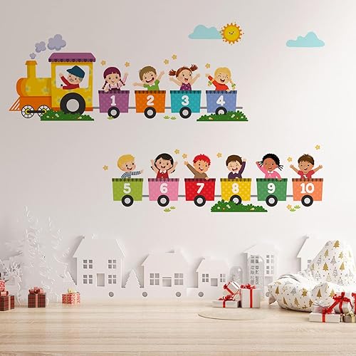 Miniatura 4 de Calcomanías de pared con números de tren para niños, figuras de colores de aprendizaje preescolar, calcomanías de pared para despegar y pegar,