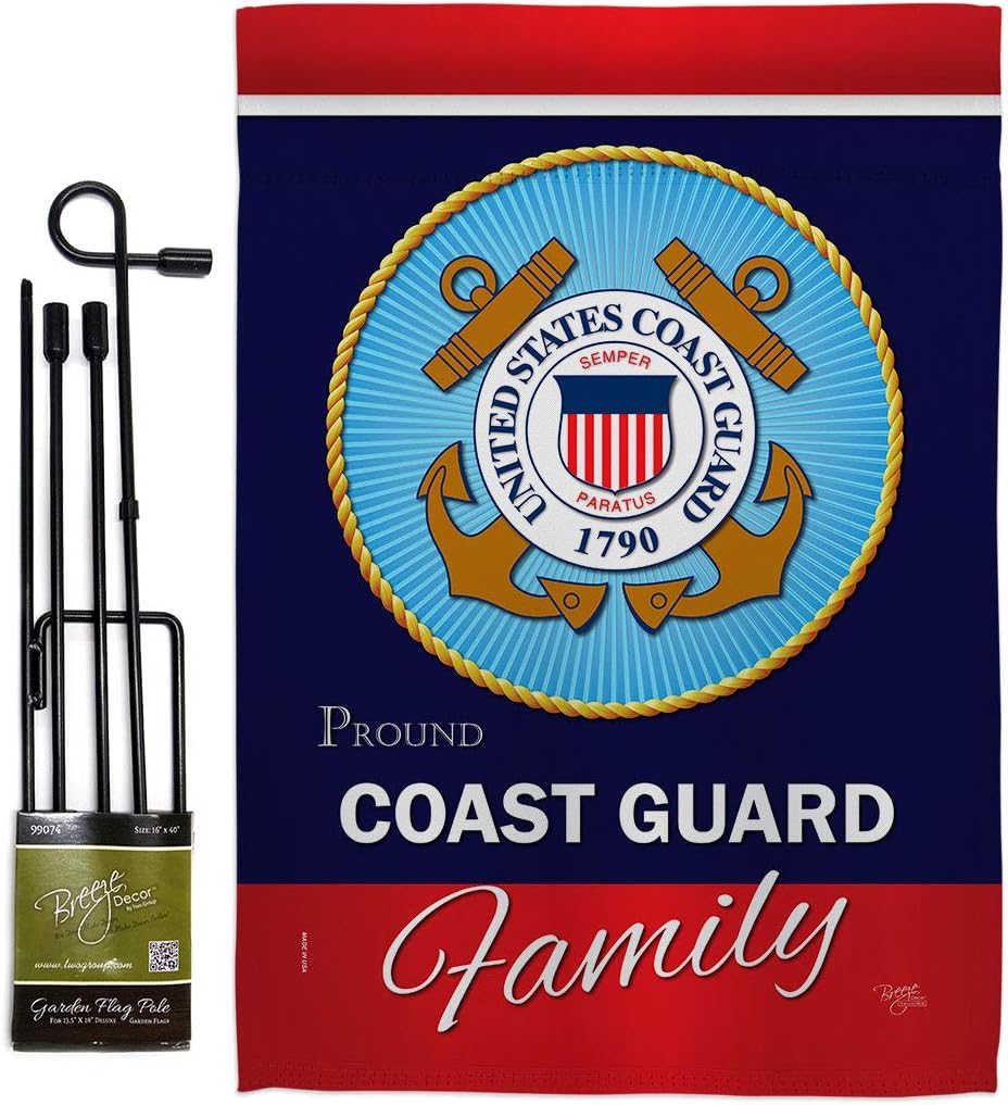 Coast Guard Proudly Family Garden Flag Set with Stand Armed Forces USCG Semper Paratus United State American Military Veteran Retire Official Small Gift Yard House Banner Double-Sided 13 X 18.5