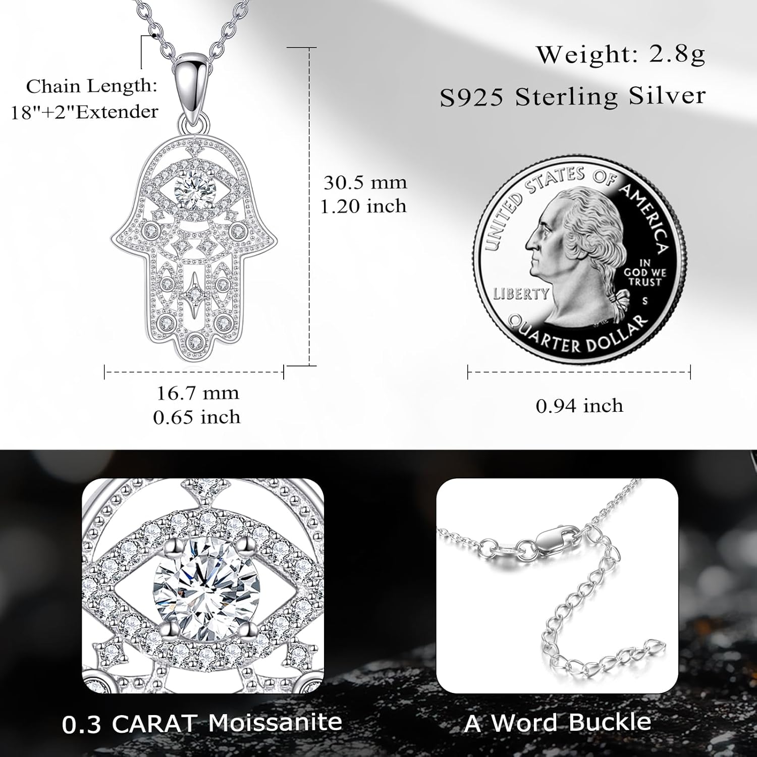 Moissanite Hamsa Hand of Fatima Evil Eye Necklace Sterling Silver Hamsa Hand Pendant 0.3 Carat Moissanite Jewelry Gifts for Women Men - Image 5