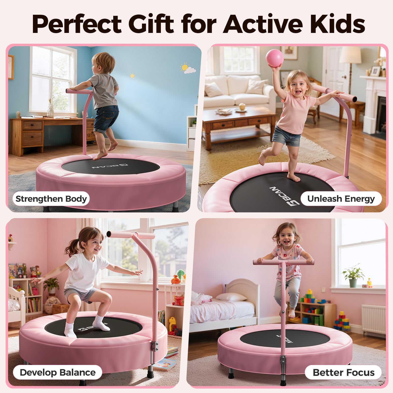BCAN Trampolina dla małych dzieci, 91 cm, certyfikat ASTM, uchwyt piankowy i bezpieczna, pogrubiona osłona, mini trampolina dla dzieci w pomieszczeniach, łatwy montaż