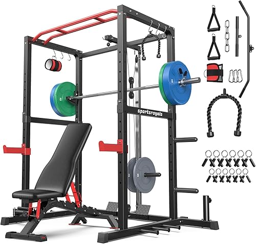 Miniatura 14 de Sportsroyals Jaula de Potencia, Rack de Potencia Multifuncional de 1600 libras con Sistema de Cruce de Cable Ajustable y Más Accesorios de Negro