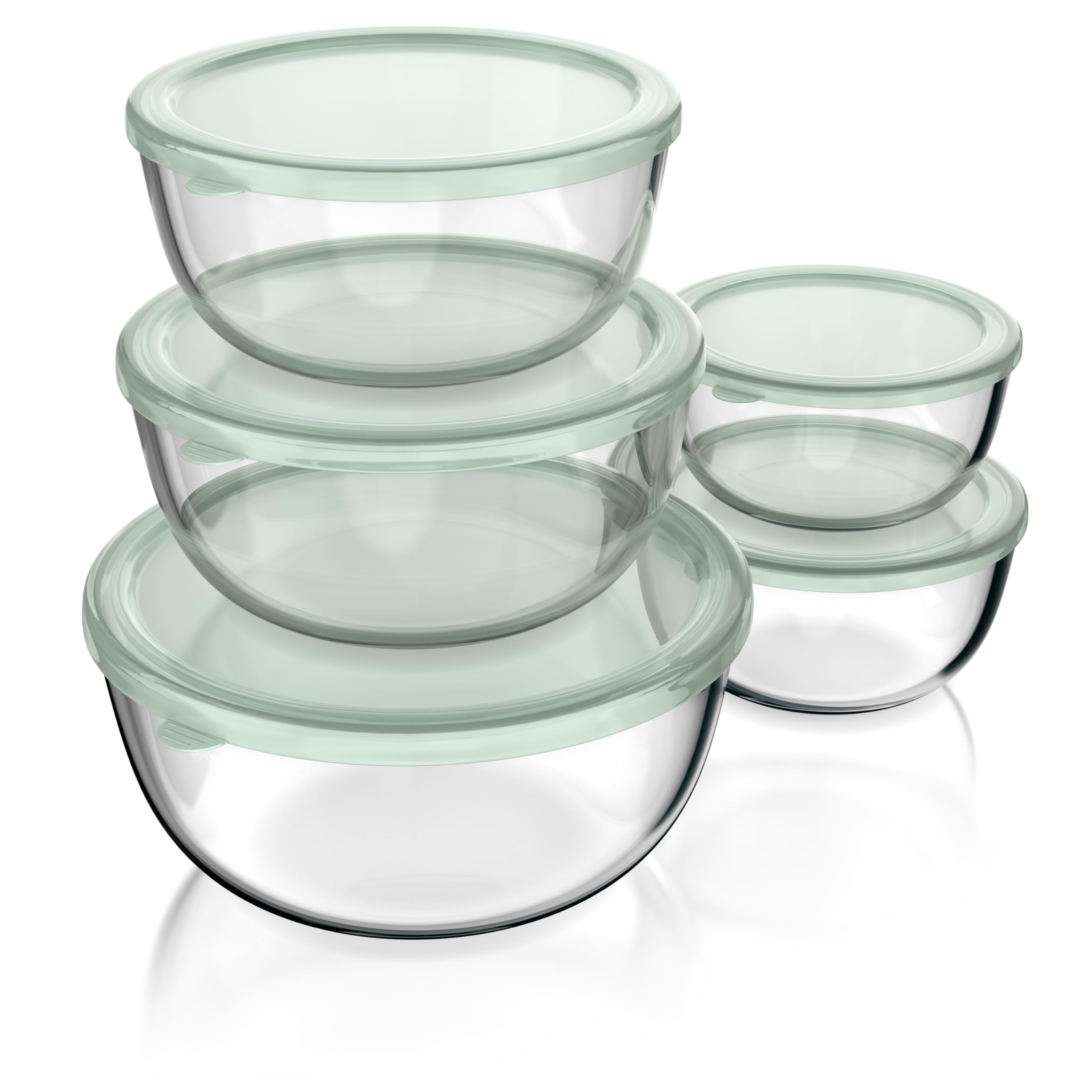 Arendo - Salatschüssel aus Glas mit Deckel - Glasschüssel 5er Set - 1000ml + 1500ml + 2000ml + 2700ml + 4400ml – Rührschüsseln klein bis groß – Borosilikatglas - Glasschale Salatglasschale