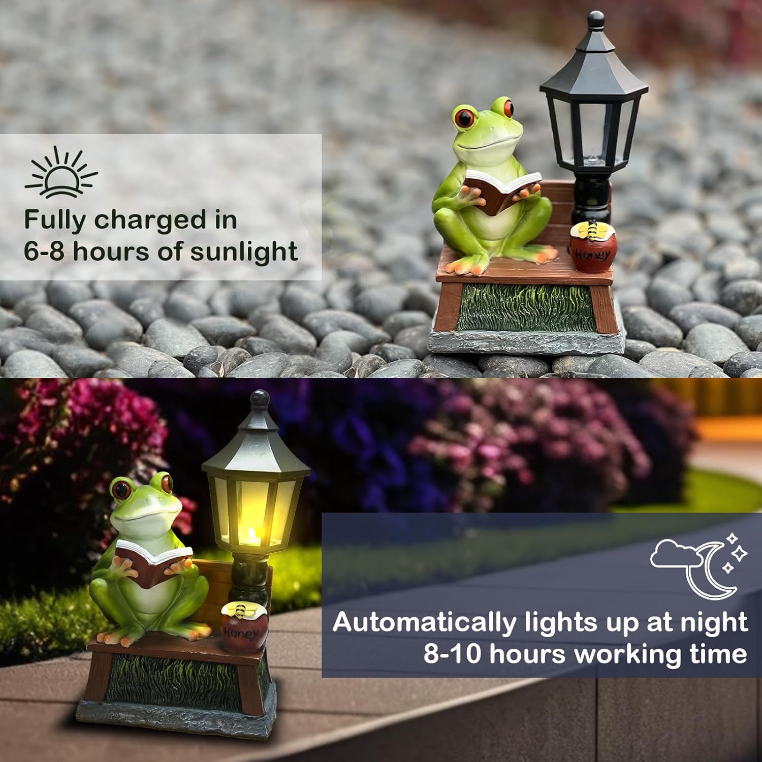 Frog Garden Statue Home Outdoor Decor - Solar Frogs Learning Sculptures Auto LED Waterproof Lights, Garden Outside Figurine Ornament, Women/Gardening/Housewarming Gift for Yard/Pond - Image 3