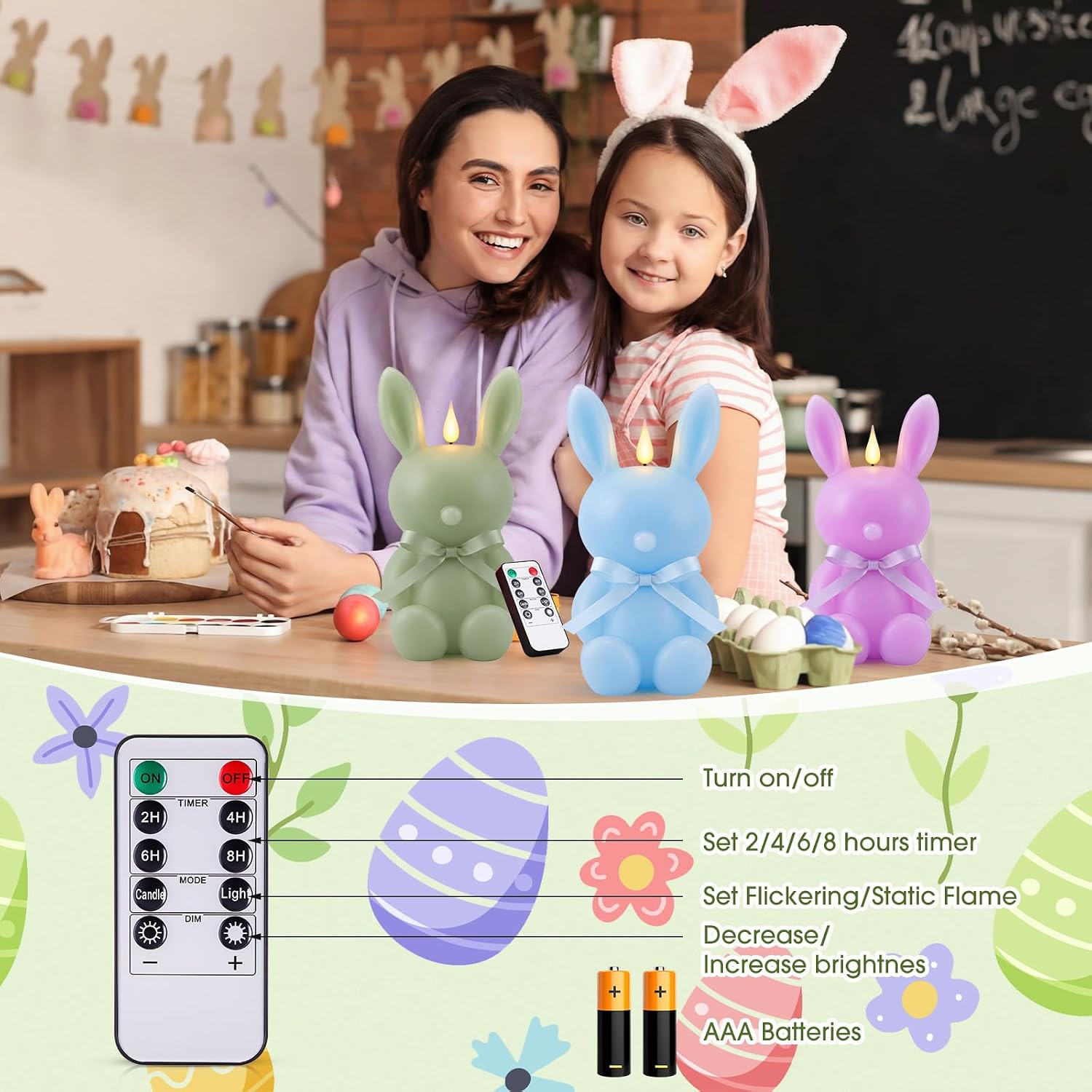 Baquler 5 Pcs Large Easter Bunny Led Flameless Candle 8 Inch Battery Operated Candles with Remote Real Wax Cute Rabbit Shape Candle with Bow 3D Flickering for Gift Home Party Decor (Spring Colors)