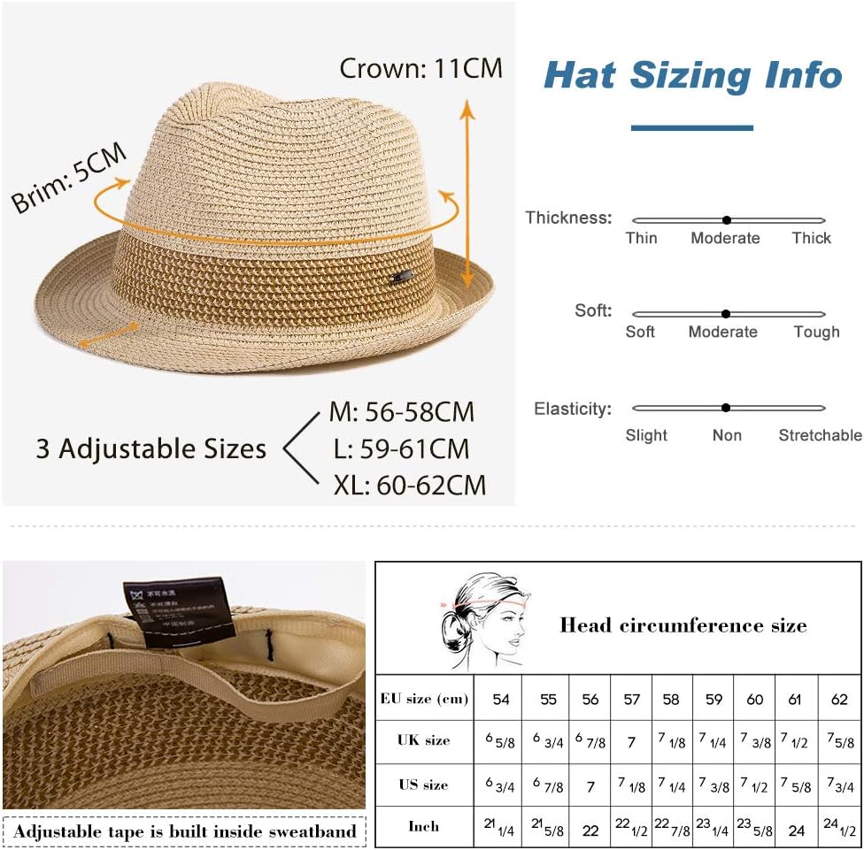 Fancet Packable Straw Fedora Panama Sun Summer Beach Hat Cuban Trilby Men Women 56-67cm - Image 6