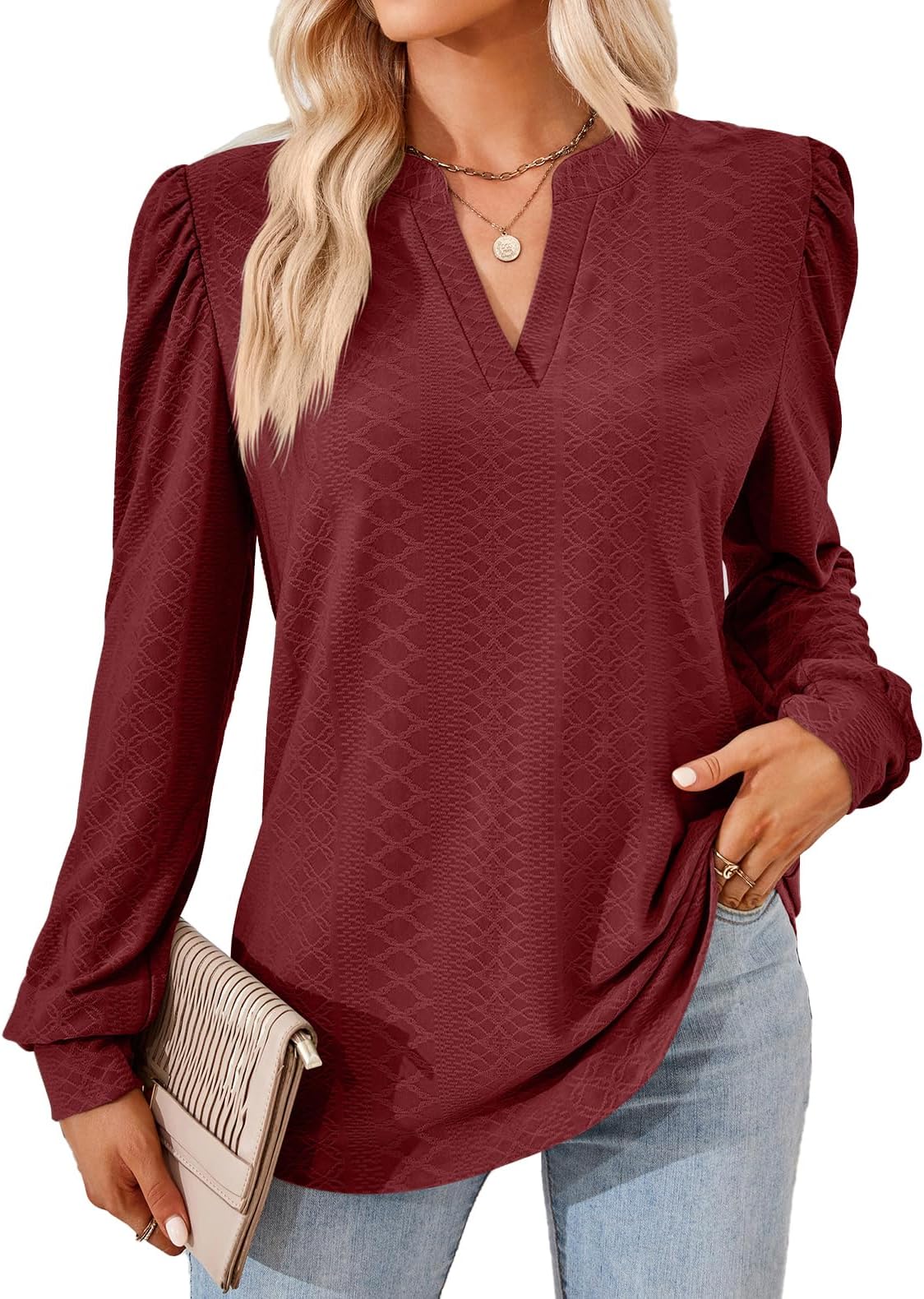 YATHONWomen's Casual Puff Long Sleeve Tops Dressy Elegant Notch Neck T-Shirts Fashion Blouse for Work